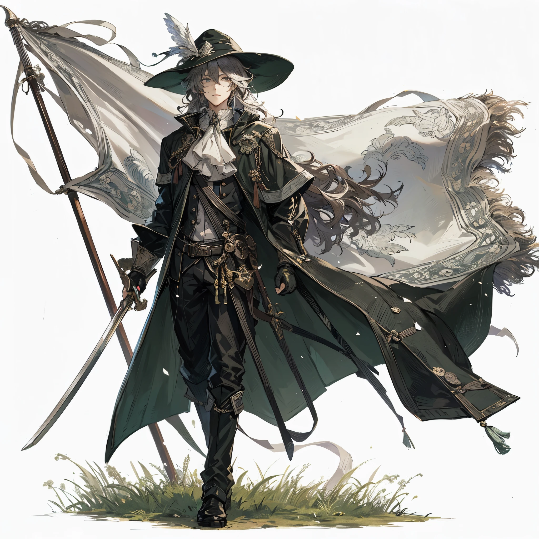 (masutepiece, Best Quality), (Perfect athlete body:1.2), (detailed hairs), Ultra-detailed, Anime style, Full body, Solo, A young man, fantasy bard with sword, Dark green wide-brimmed hat and cloak, A huge military flag embroidered with a silver moon, Wavy Gray Hair, Standing in the grass, Digital Painting, 8K High Resolution, trend artstation, White background, Whole body,