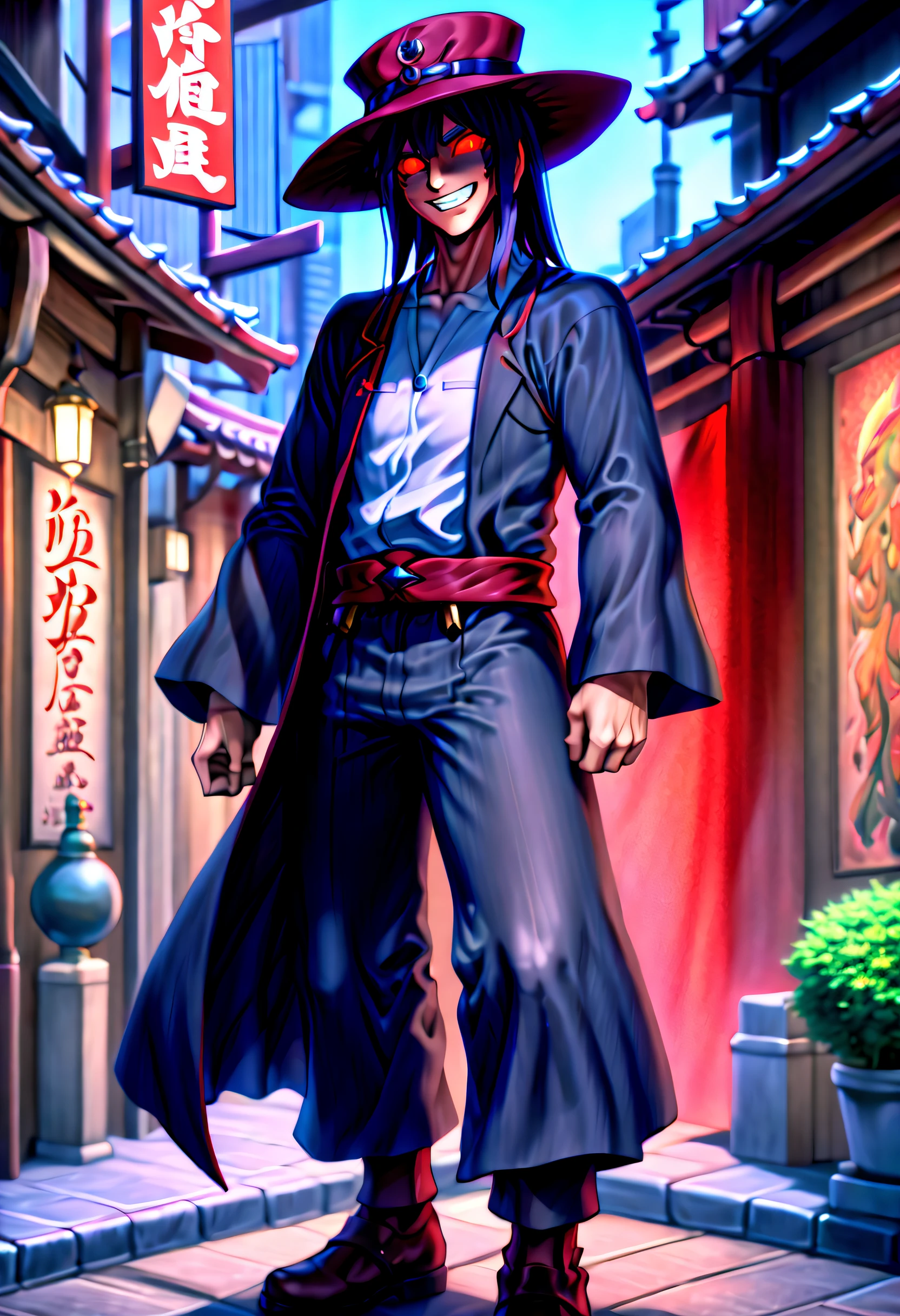 caleb,anime artwork,tokyo street,hat,red glowing eyes,ghibli style,extremely detailed,martial pose,full body,hdr,vivid colors,ultra-fine painting,physically-based rendering,8k, super detail, ccurate, best quality, best quality, high quality, super detail, anatomically correct, retina, UHD, masterpiece, ccurate, textured skin, high details, award winning, highres, 1080P, HD,drop shadow, anaglyph, stereogram, tachi-e, pov, atmospheric perspective, 8k, super detail, ccurate, best quality, background magical city fantasy rpg europe, tallmale, adult male, evil smile