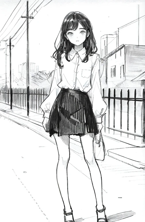 1girl in,line-drawing,monochromes,sketch,Pencil drawing,Traditional Media,1girl in, black skirt fence, long hair shirt, long-sleeve, Skirt, Solo、Standing、Cute teenage woman, ,Beautiful portrait、Delicate body、full body Esbian、Looked、ru、bob、shorth hair、Patsun