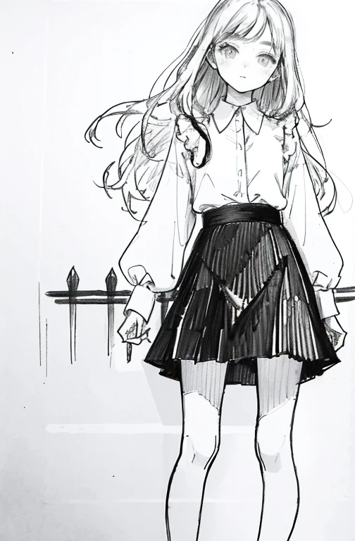 1girl in,line-drawing,monochromes,sketch,Pencil drawing,Traditional Media,1girl in, black skirt fence, long hair shirt, long-sleeve, Skirt, Solo、Standing、Cute teenage woman, ,Beautiful portrait、Delicate body、full body Esbian、Looked、ru、bob、shorth hair、Patsun