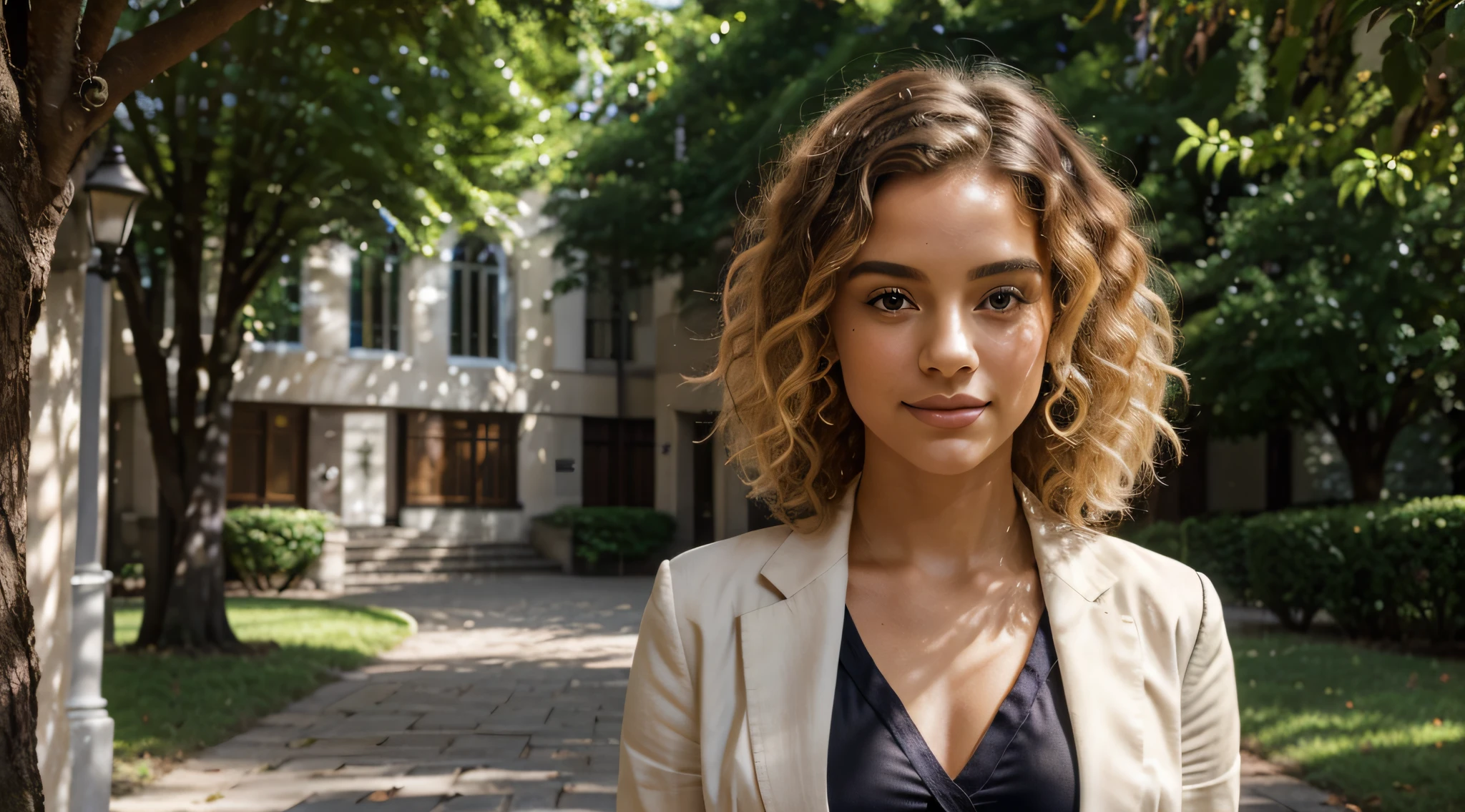 In the radiant glow of a sunlit afternoon on the university campus, an Afro-Brazilian student with luscious blonde curls emanates confidence and style as she gracefully strolls through the grounds. Dressed in sophisticated business attire—a tailored blazer paired with a pencil skirt—her ensemble complements her vibrant personality.
The sunlight bathes the campus in a warm and inviting aura, casting a gentle play of light and shadows on the cobblestone paths and surrounding greenery. The camera adeptly captures the nuanced details of the scene, highlighting the textures of the student's clothing and the natural elements of the environment.
Her blonde curls, coiled with a natural elegance, frame her face in a radiant halo. The sunlight catches the individual strands, showcasing the beauty and uniqueness of her curly hairstyle. Shadows beneath the curls add depth, enhancing the overall visual impact.
Facial features are carefully portrayed, capturing the essence of a refined and confident demeanor. High cheekbones and captivating, slightly narrowed eyes contribute to an air of grace and sophistication. The lips are full and expressive, enhancing the model's charismatic presence.
The camera angles offer various perspectives, capturing the model in motion as she navigates through the campus scenery. The background includes iconic university landmarks, blending the sophistication of academic architecture with the natural beauty of the surroundings.
This detailed image prompt aims to bring to life the radiant elegance and individuality of an Afro-Brazilian student with blonde curls, celebrating her unique beauty and confident presence on the university campus.