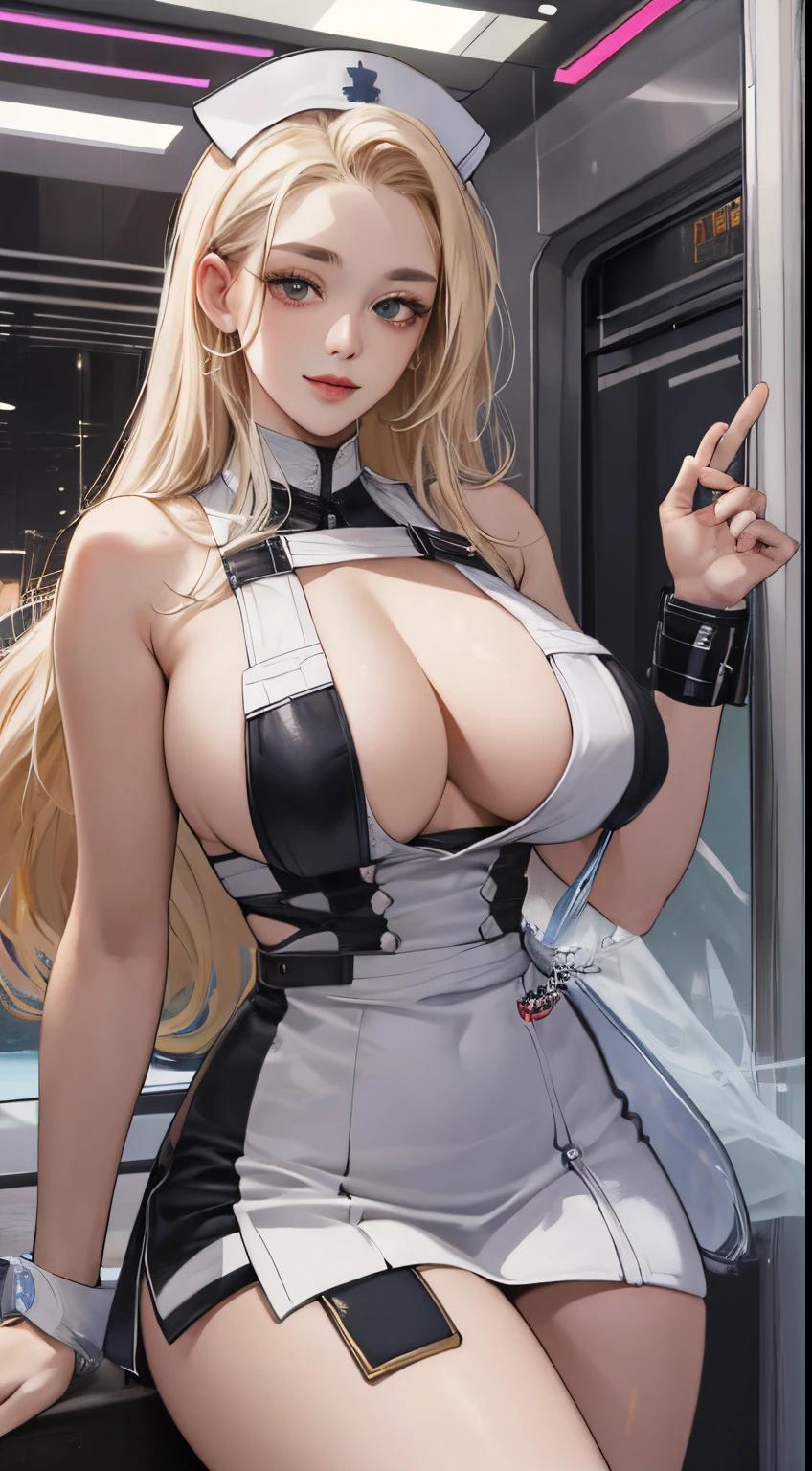 top-quality、realistic touch,high-detail、photoRealstic、、Long body、skirts that are too short、big eye、Her big breasts are so swollen that her clothes are about to tear.、Strong platinum blonde eyelashes、platinum-blonde、Beautie、A sexy、full body Esbian、Sparkling eyes、Submissive smile、Flushed cheeks、Kamimei、thin-waist、Sleeveless、Voluptuous thighs、Enraptured look、shiny rubber material、Nurse