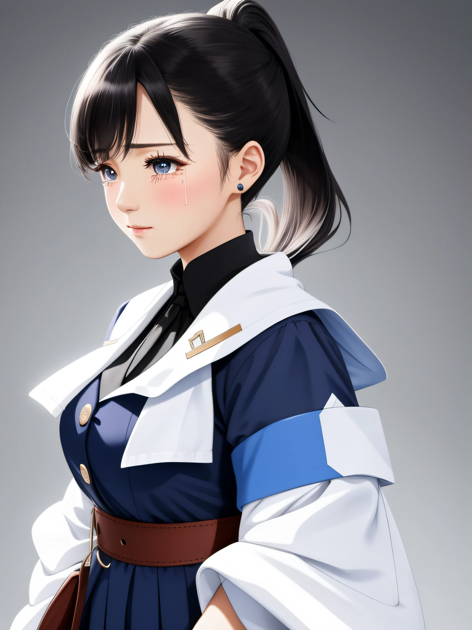 a woman with a full stomach、poneyTail、tears