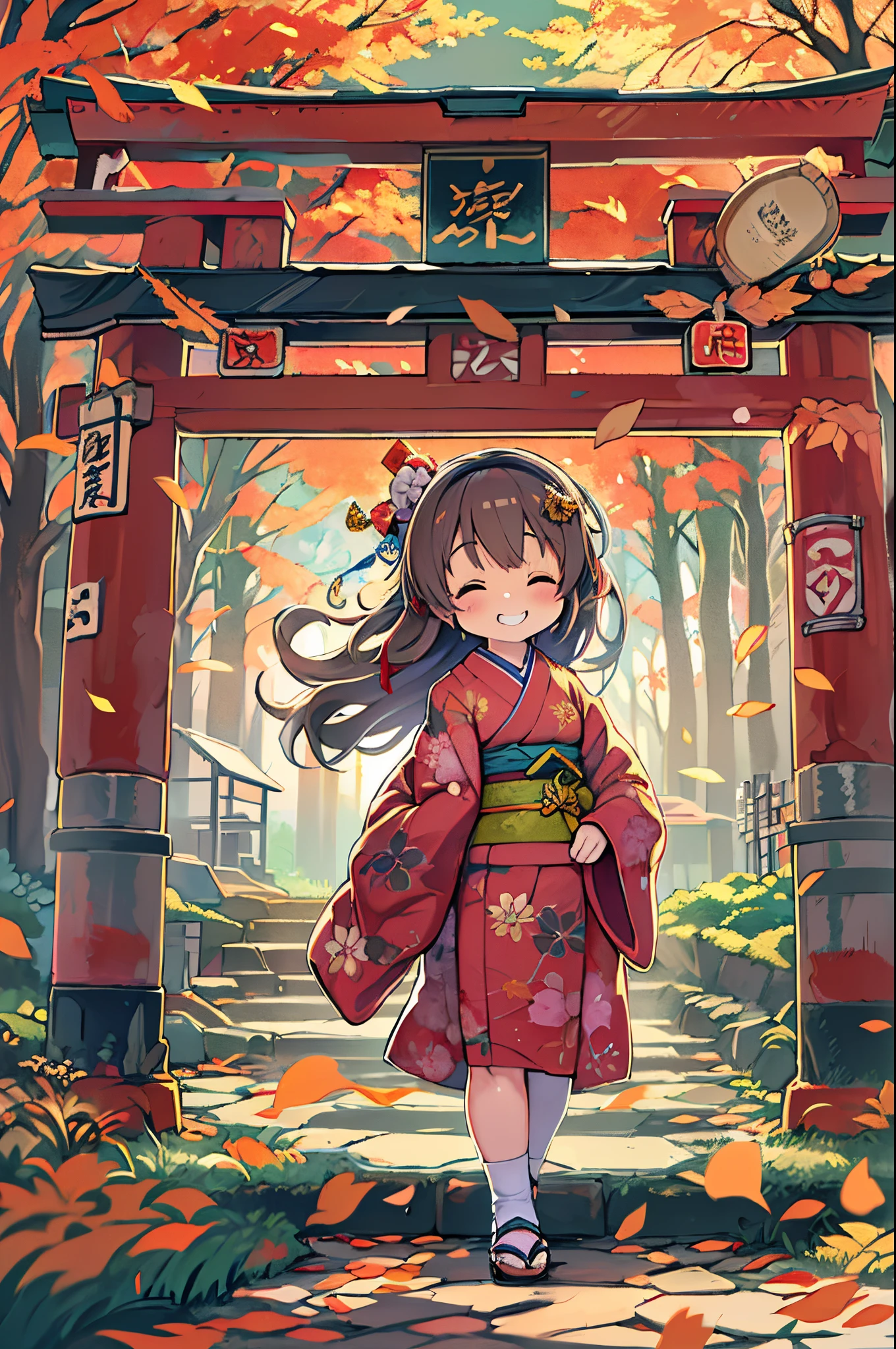 huge-breasted、kawaii、Sunny Clothes、japanese kimono、torii gate,((Oblique angle))、{{close up to face}}、one eye closed、8 years old girl、winking、A big smile、bbw、thick thight、big butts、Ultramammy,Chibi, autumn day,kaede、 Pines, Anime Background Art, japanese art style, beautiful anime scene, detailed scenery - width 672, Background art, Anime landscapes, Anime Background, Beautiful anime scenery, Beautiful peace scenes in anime, landscape artwork, Japan Village, Anime landscape concept art, 8K))、a lot of fallen leaves、