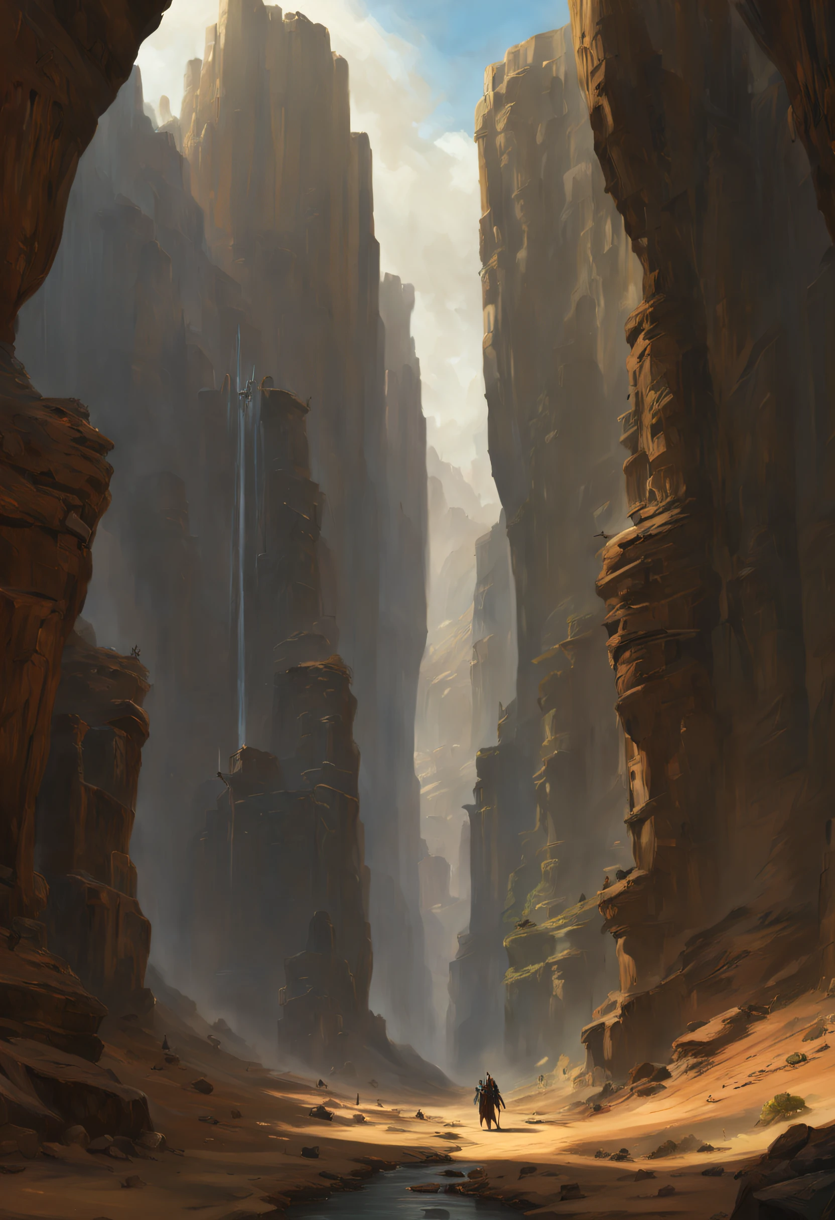 There is a spacious canyon，The canyon is surrounded by statues holding weapons.，4k morrowind concept art, painterly concept art, Dotret! matte painting concept art, noah bradley concept art, concept-art |