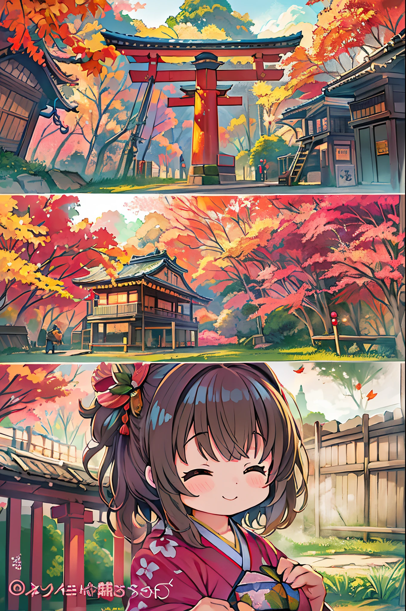 huge-breasted、kawaii、Sunny Clothes、japanese kimono、torii gate,((Oblique angle))、{{close up to face}}、one eye closed、8 years old girl、winking、A big smile、bbw、thick thight、big butts、Ultramammy,Chibi, autumn day,kaede、 Pines, Anime Background Art, japanese art style, beautiful anime scene, detailed scenery - width 672, Background art, Anime landscapes, Anime Background, Beautiful anime scenery, Beautiful peace scenes in anime, landscape artwork, Japan Village, Anime landscape concept art, 8K))、a lot of fallen leaves、