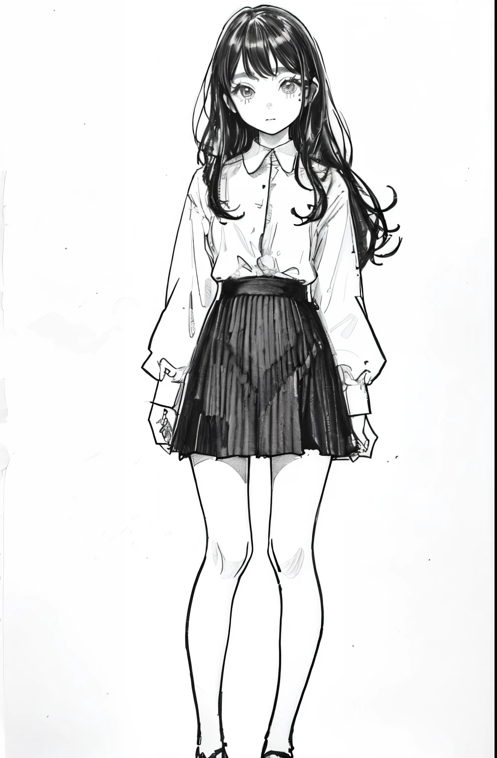 1girl in,line-drawing,monochromes,sketch,Pencil drawing,Traditional Media,1girl in, black skirt fence, long hair shirt, long-sleeve, Skirt, Solo、Standing、Cute teenage woman, ,Beautiful portrait、Delicate body、full body Esbian、Looked、ru、bob、shorth hair、Patsun