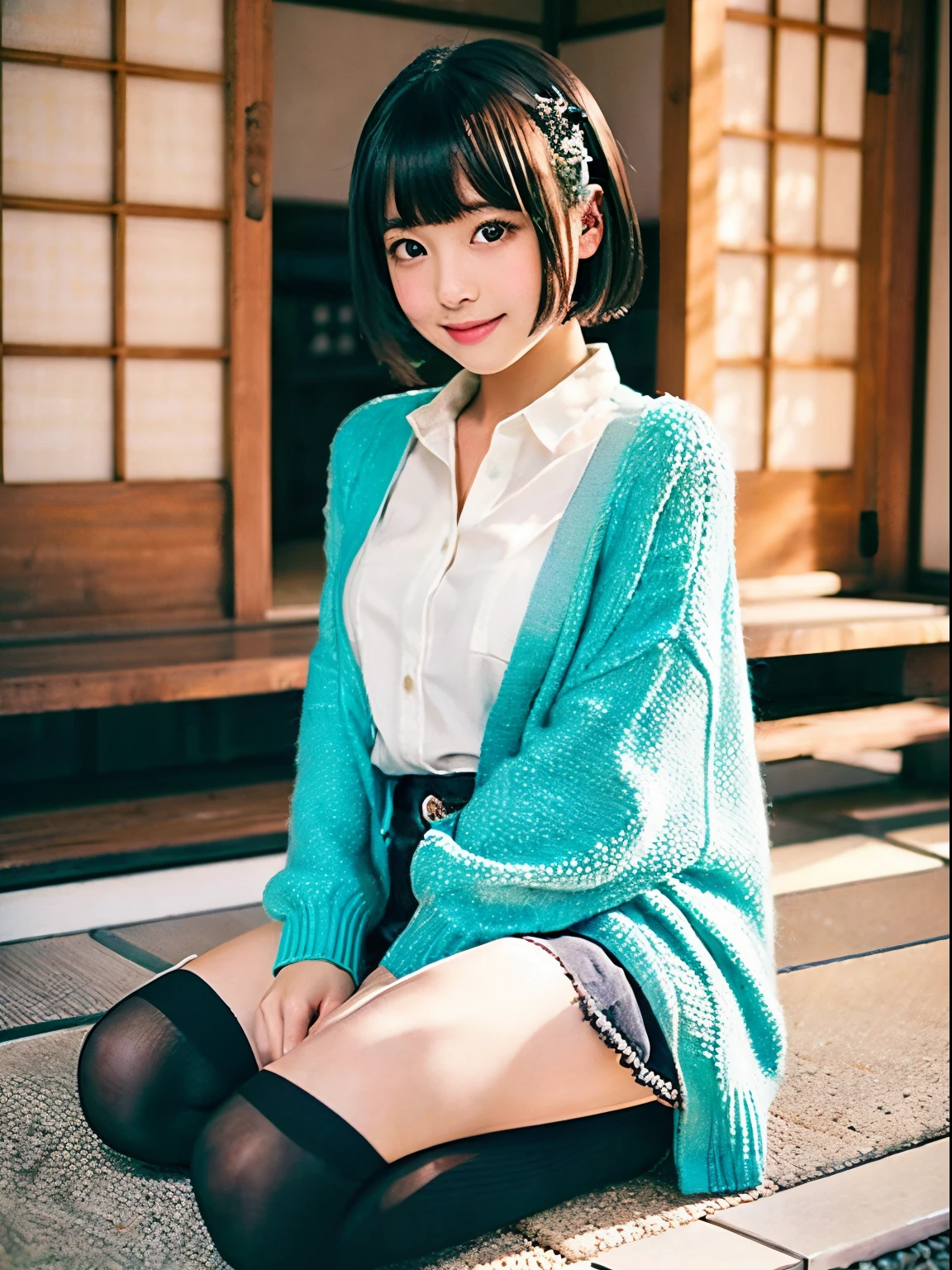 turquoise cardigan、white  shirt、a miniskirt、Black Knee High Socks、Bob Hair、Beautiful Japan Girl