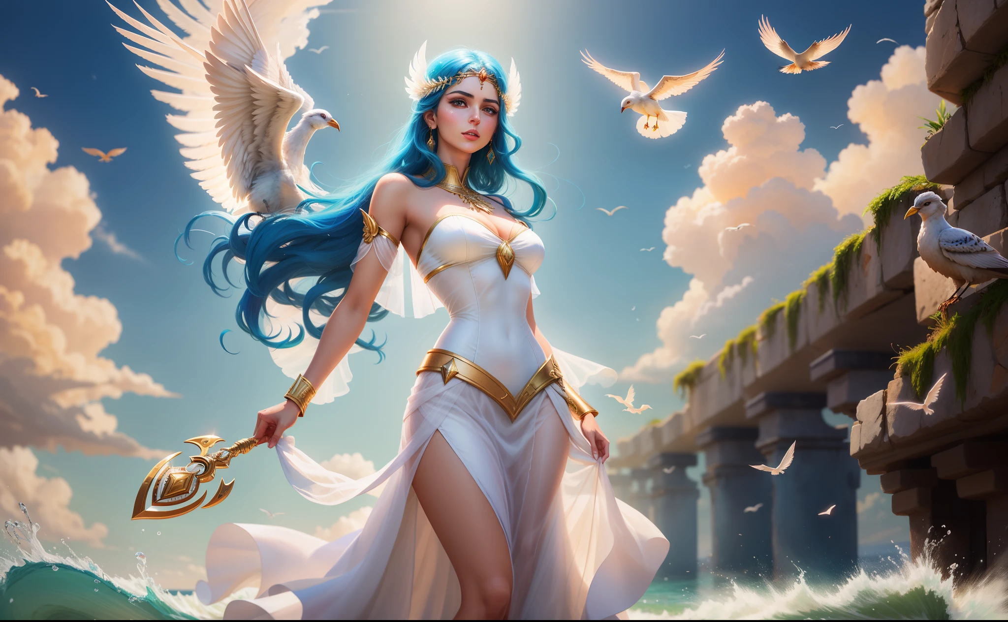 araffe woman in a transparent white dress with a bird flying over her, donzela bonita, fantasy photoshoot, Deusa grega Atena, Alena Aenami e Artgerm, Deusa grega, Senhora Palutena, inspirado em Magali Villeneuve, Deusa Romana, feiticeira bonita, Aly Fell e Artgerm, Deusa da mitologia grega, linda donzela fantasia