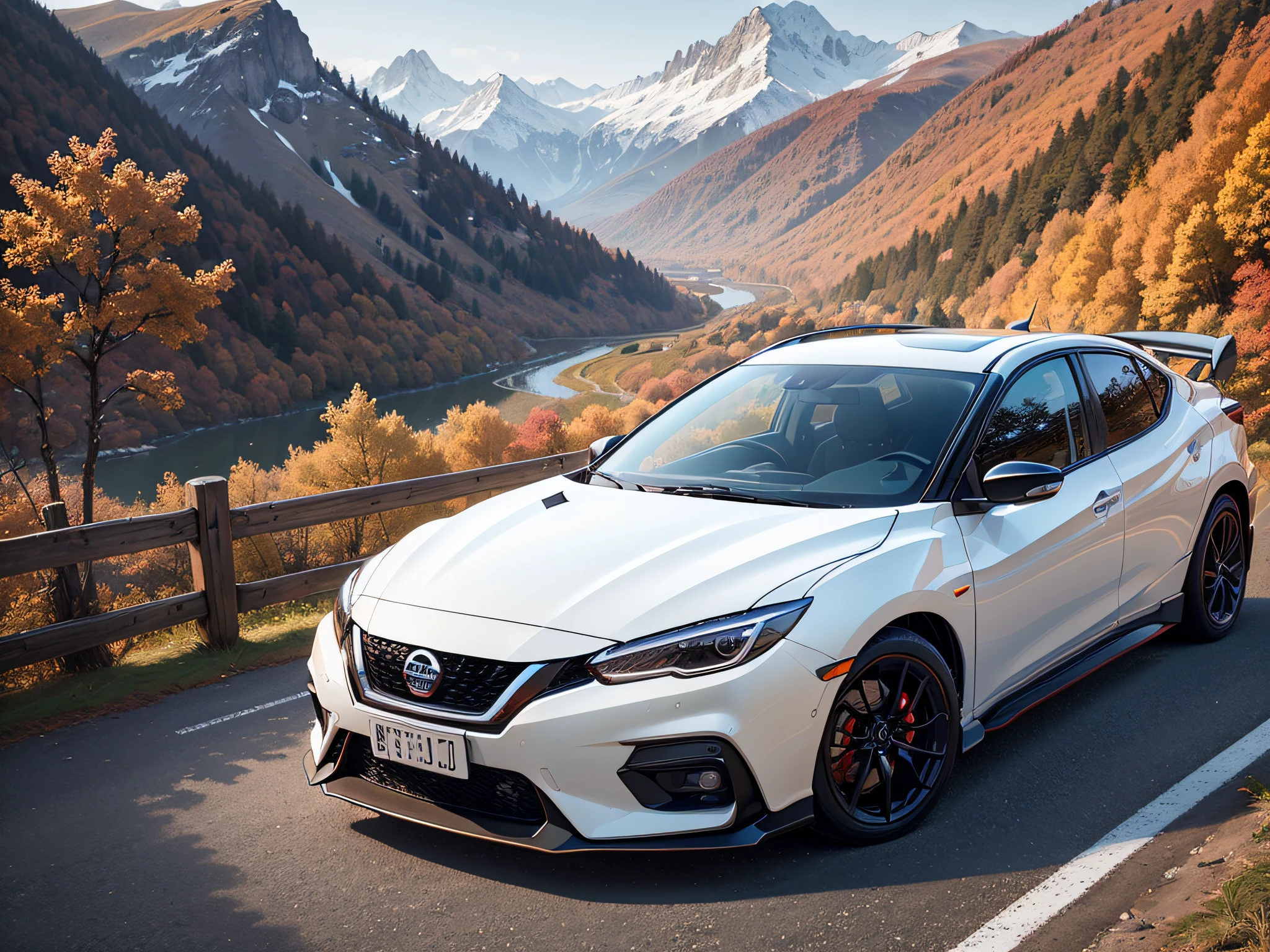 超A high resolution、An ultra-high picture quality、8K、Detailed details、marvelous expression、Late autumn valley、Beautiful autumn leaves、A pure white sports car runs on a mountain road built along the mountain...、Nissan Pulsar GTS-R