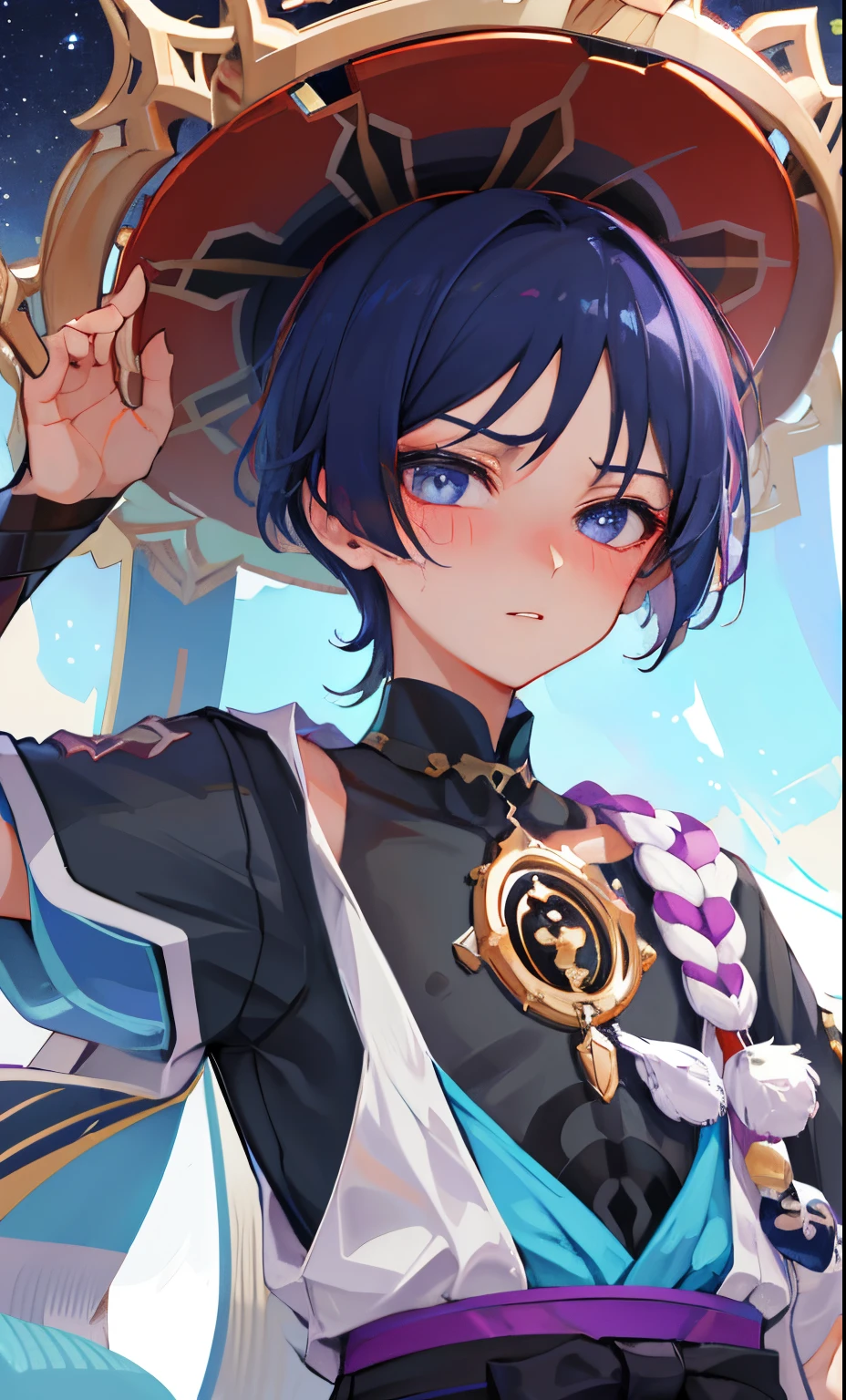 (Masterpiece), (Best Quality), (Ultra Detailed), (Wanderer), Upper Body Nudity, Night, Sexy Look, Handsome, Eager to Watch, Blushing, Tsundere Features
