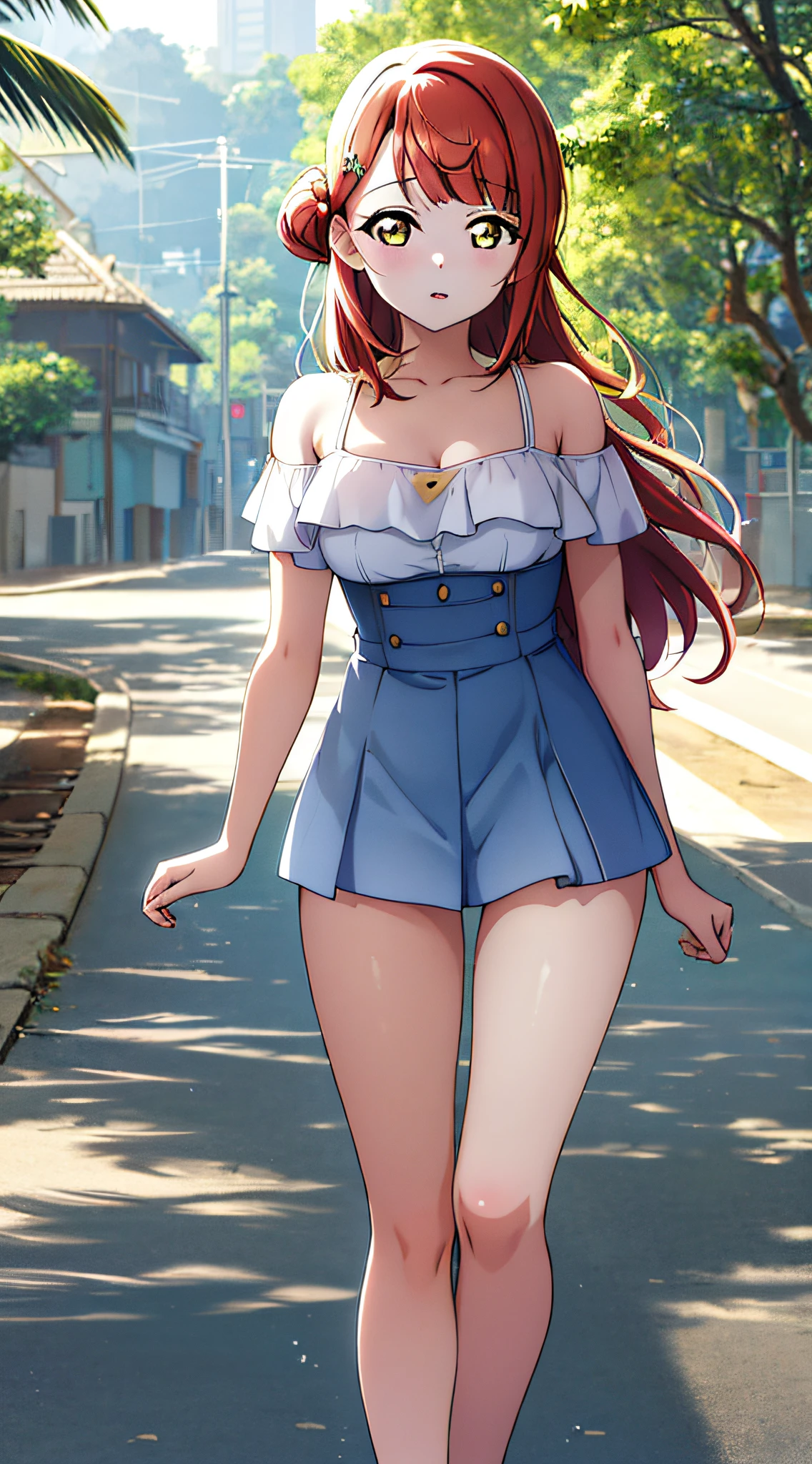 ayumu uehara,Anime-style color grading, bushiroad studio coloring style, yellow eyes, ultra-detailed,(best quality),((masterpiece)),(highres),original,extremely, 1girl, breasts, crop top, solo, looking at viewer, long hair, cleavage, bare shoulders, thigh strap, sky blue dress, sleeveless, thighs, parted lips, short shorts, white background, white shirt, off shoulder, ((Indonesia National Monument)), ((in front of the house))