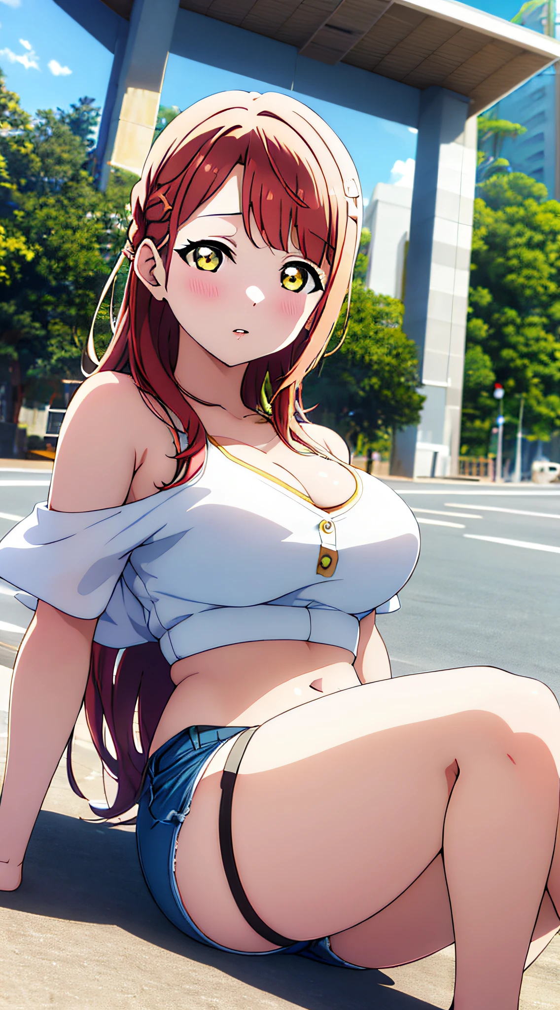 ayumu uehara,Anime-style color grading, bushiroad studio coloring style, yellow eyes, ultra-detailed,(best quality),((masterpiece)),(highres),original,extremely, 1girl, breasts, crop top, solo, looking at viewer, long hair, cleavage, bare shoulders, thigh strap, sky blue dress, sleeveless, thighs, parted lips, short shorts, white background, white shirt, off shoulder, ((Indonesia National Monument)), ((in front of the house))