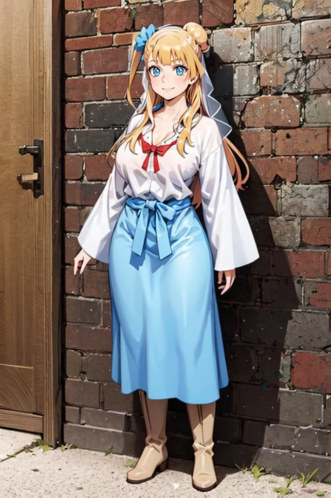 galko,1girl, solo, smile, full body, standing, long skirt, priestess, religious, holy, cute, blush, ,tall female, medieval clothing, white veil, tunic, long skirt,boots, huge brest, curvy,