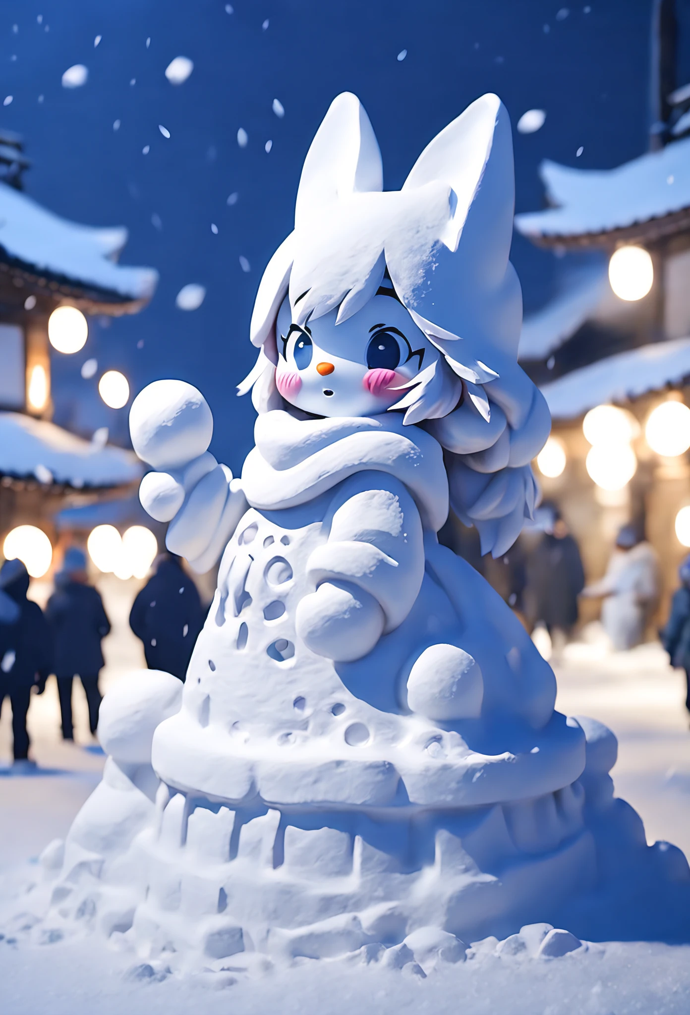 there is a snowman with a cat face and a hat on, covered in snow