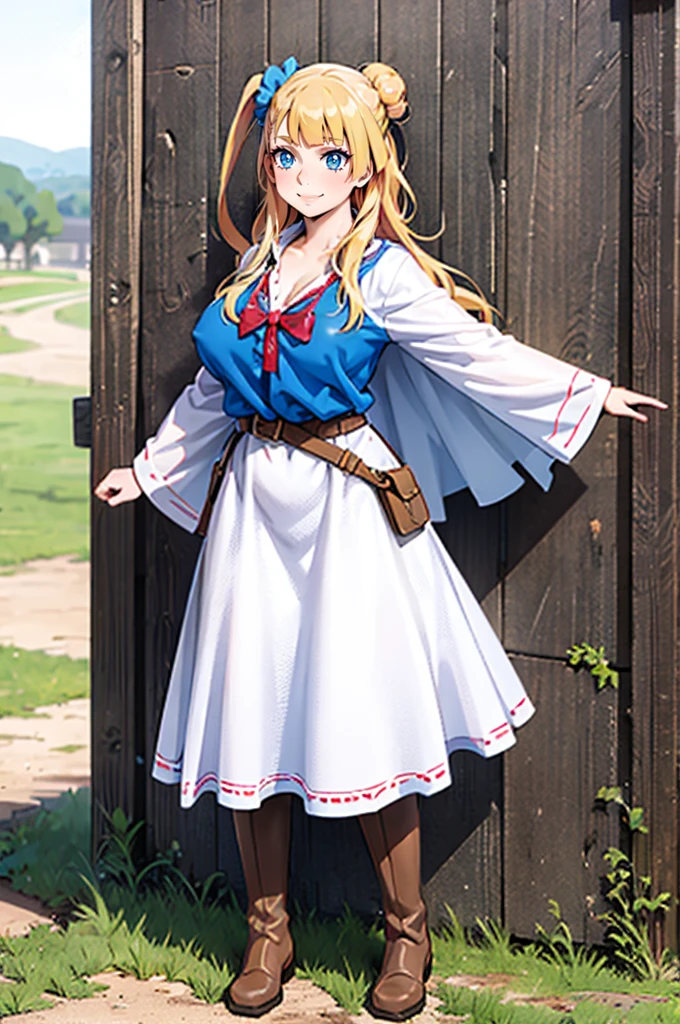 galko,1girl, solo, smile, full body, standing, long skirt, priestess, religious, holy, cute, blush, ,tall female, medieval clothing, white veil, tunic, long skirt,boots, huge brest, curvy,sexy, sensual, volouptouse