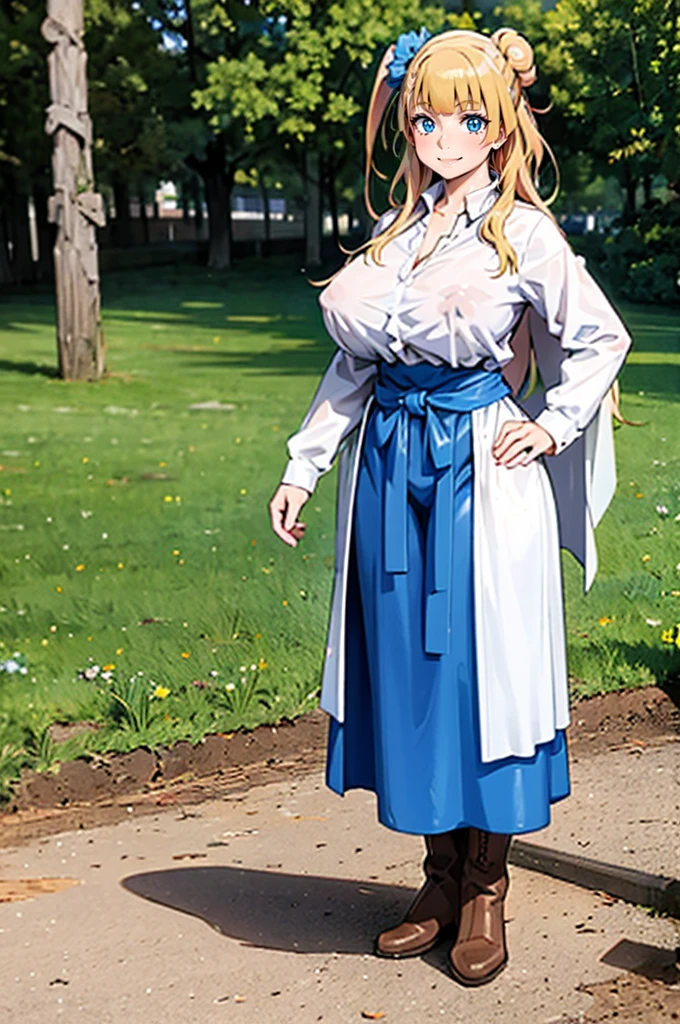 galko,1girl, solo, smile, full body, standing, long skirt, priestess, religious, holy, cute, blush, ,tall female, medieval clothing, white veil, tunic, long skirt,boots, huge brest, curvy,sexy, sensual, volouptouse