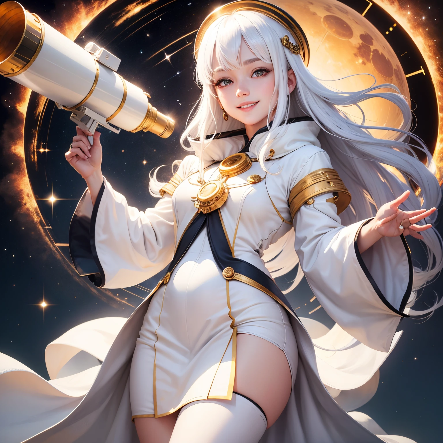 best quality, white hair, gold eyes, white clothes, hair strand, Fair skin, smiling, astronomical telescope