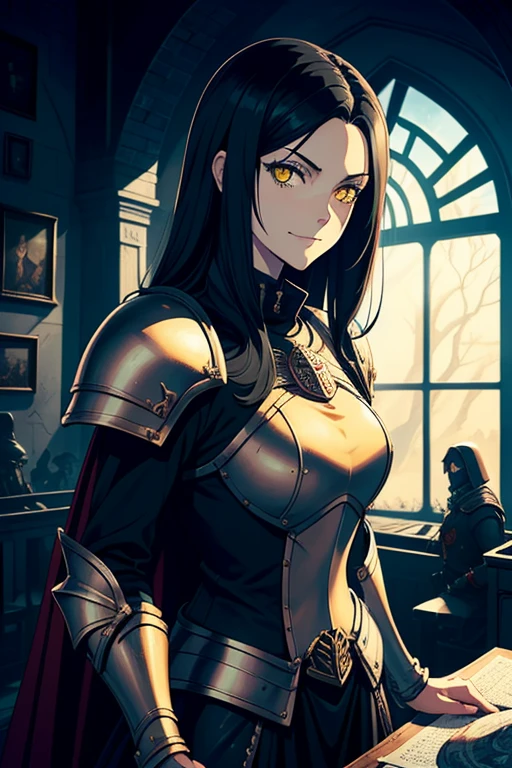 (1 girl), (best quality, high-res, ultra-detailed, anime style, muffled light), ((long black hair, yellow eyes, looking at viewer, smug eyes, slightly smiling)), (adepta sproritas art, sister of battle art, 40k, warhammer, grimdark, chaos 40k art, adepta sororitas armor, dark armor, scary armor), grimdark landscape, chaos world, dark fantasy realm, dark gothic, dark church interior