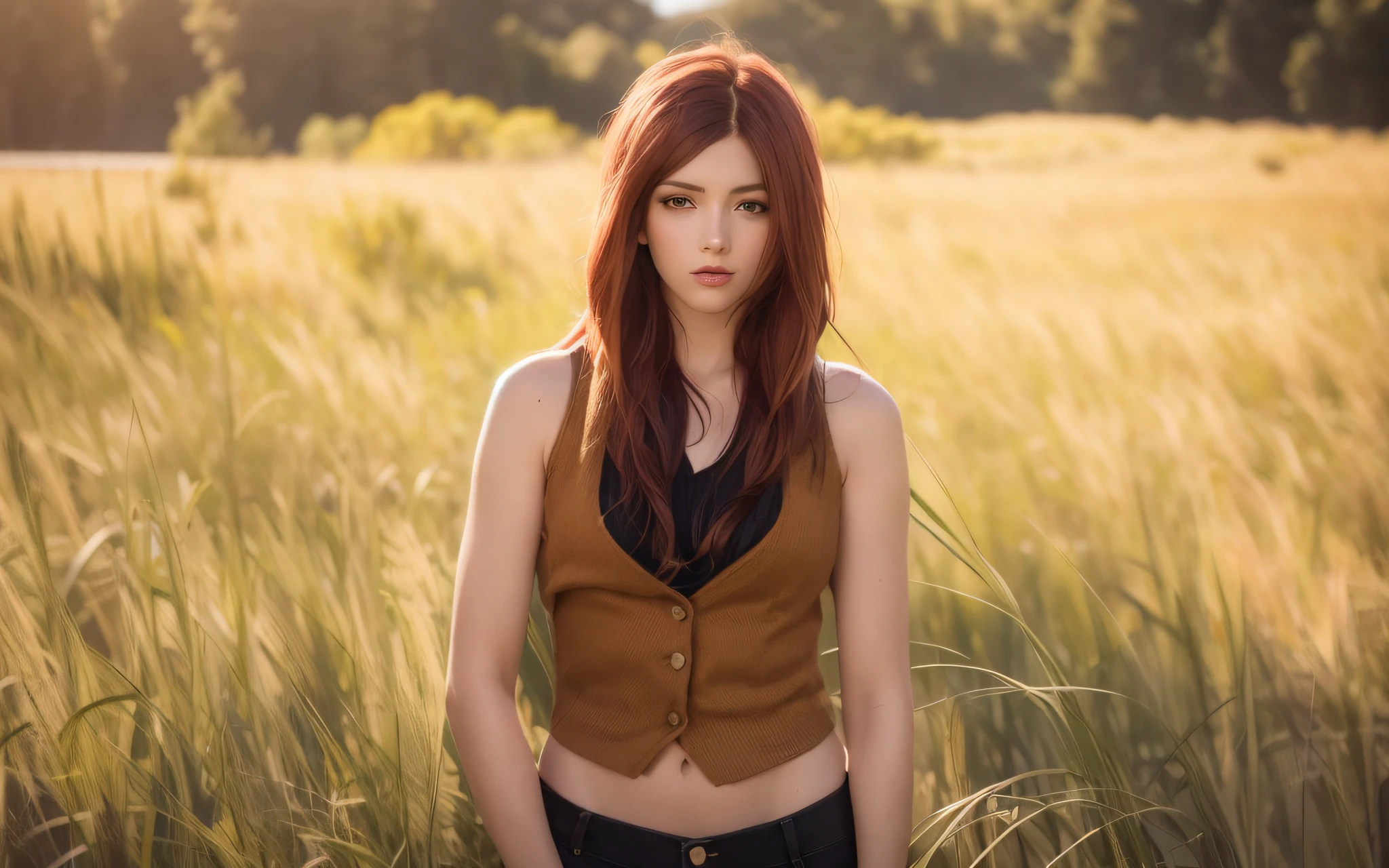 there is a woman standing in a field of tall grass, redhead girl, sexy girl with green eyes, short redhead, beautiful redhead woman, attractive girl, beautiful girl, beautiful cute, cute beautiful, wearing a vest top, very attractive and beautiful, redhead woman, brown-red-hair pretty face, handsome girl, beautiful scene, ashley greene, cute young woman