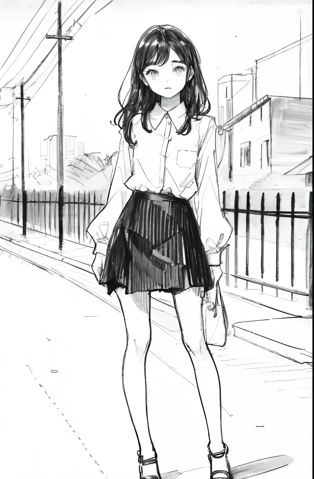 1girl in,line-drawing,monochromes,sketch,Pencil drawing,Traditional Media,1girl in, black skirt fence, long hair shirt, long-sleeve, Skirt, Solo、Standing、Cute age woman, ,Beautiful portrait、Delicate body、full body Esbian、Looked、ru、bob、shorth hair、Patsun