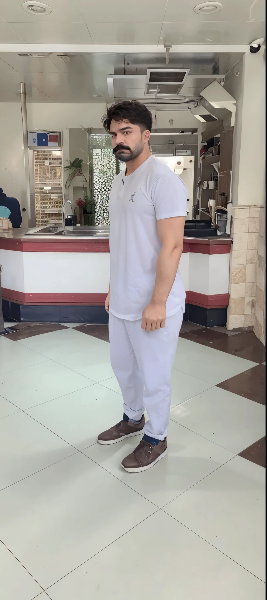 there is a man standing in a kitchen with a moustache on his face, full body picture, full body profile camera shot, full body photograph, full body photogenic shot, full body full height, full body photgraph, distant full body view, full - body - front - shot, standing in a restaurant, full body profile, full body photo, full body model