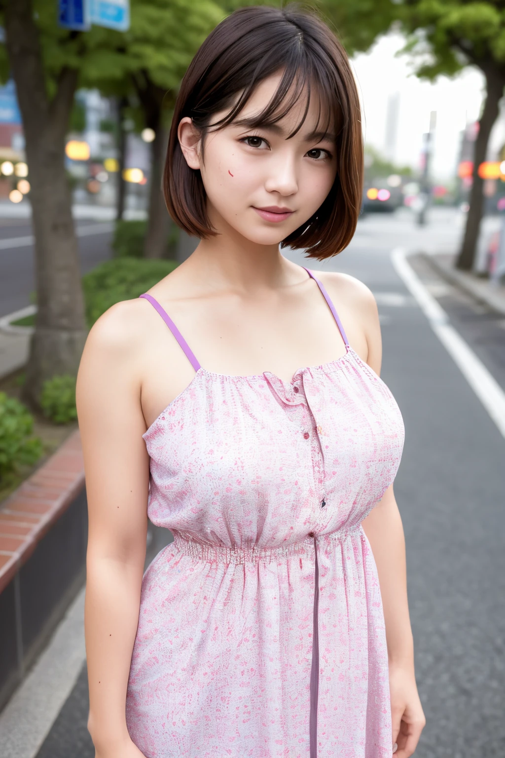 (skin spots: 1.2), (skin dents), black eye, woman1名, 25 years old, ((((woman))), alone, genuine, highest quality, realistic, masterpiece, 8k, High resolution, alone, highly detailed face, (professional lighting, Bokeh), (particles of light, Lens flare, luminescent particles: 0.6), (dynamic pose: 1.2), soft lighting, Angle seen from above, Fashionable and trendy, Japan, street, urban, Tokyo, Minato, (daytime)), null, ((Browse viewers:1)), (look at the camera), (portrait: 0.6), nice, Are standing, Maintain original facial proportions, broad shoulders, whole body, (huge breasts), (short hair), brown hair, floating hair, lips, lipstick, seductive big smile, floating hair, braided hair, (silk cami dress),