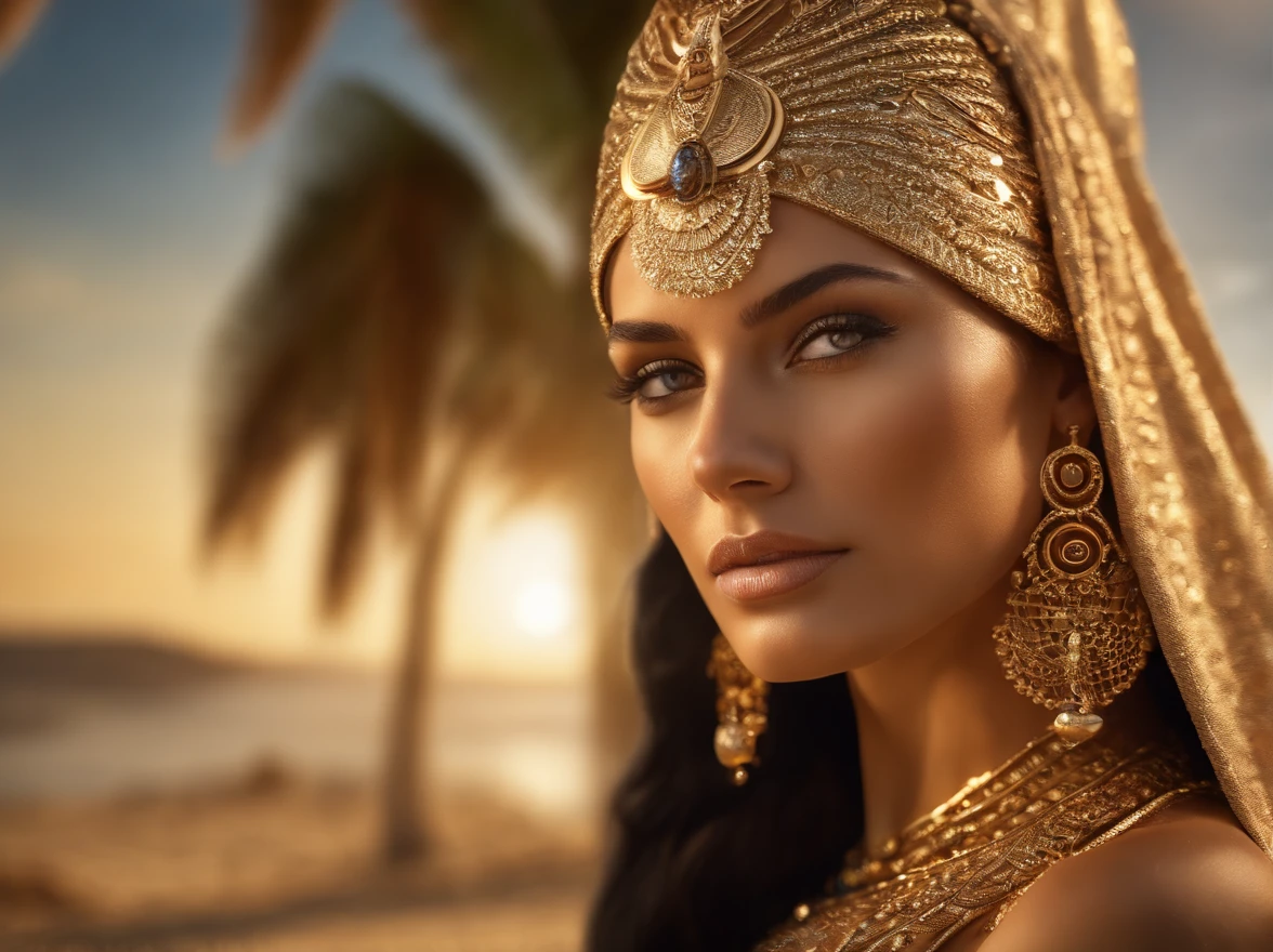 hyper realistic, ultra detailed photograph of an woman with in futuristic headdress inspired by an ancient Egypt queen, Cleopatra, decoration, snake, gold, silver, stones, scarab beetle, microchips, integrated electric circuits, long sexy golden skirt,slightly brown skin, natural tits, dark hair, Salma Hayek look, golden jewelry, golden underwear string, shiny, sunlight fractal details, (Anna Steinbauer:1.5), depth of field, HOF, hall of fame, detailed gorgeous face, background a beach with a warm sunset, palm trees, warm orange sun, natural body posture, full body, semi-lying in the sand, professional photographer, captured with professional DSLR camera, ((from behind), ((back view)), trending on Artstation, 64k, ultra detailed, ultra accurate detailed, bokeh lighting, surrealism, Thomas Kinkade background, urban, ultra unreal engine, ((Pauline Voß)), ((Pascal Quidault)), ((Anna Helme)), Martina Fackova, intricate, epic, freckles, peach fuzz, detailed mascara,