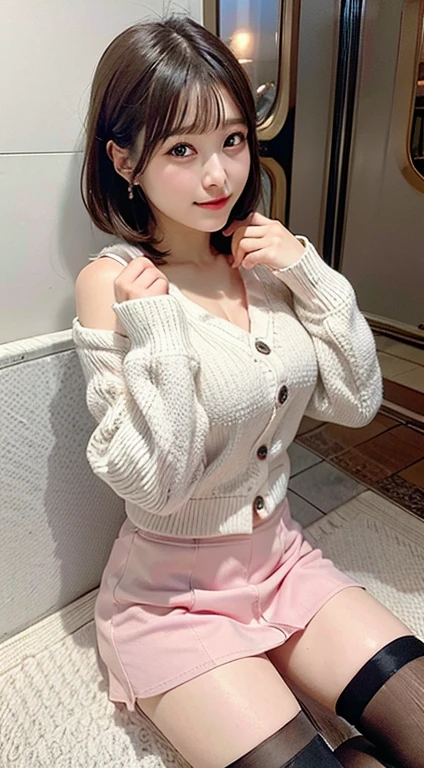 (8K, Raw photo:1.2)Detailed face and eyes,Best Quality, 超A high resolution, Highly detailed ,intricate detailes ,masutepiece ,Cute Girl , Soft cinematic light, Hyper-detailing,Sharp Focus, High quality, A dark-haired, bob cuts, tits out,(White shirt)、(Pink cardigan)、(Black miniskirt)