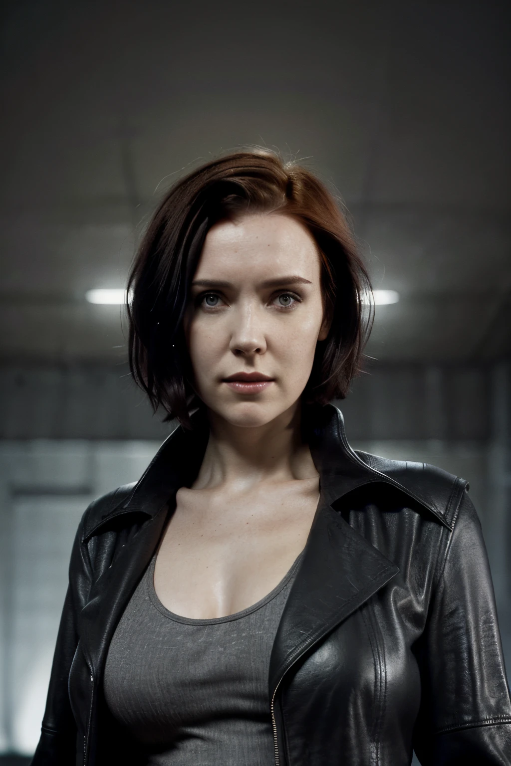 Gorgeous european woman with short hair, wet hair, hair slicked back, combed straight back, slick hair, streaked black hair, seductive pose, karen gillan, dressed as trinity from the matrix, cleavage, solid dark grey background