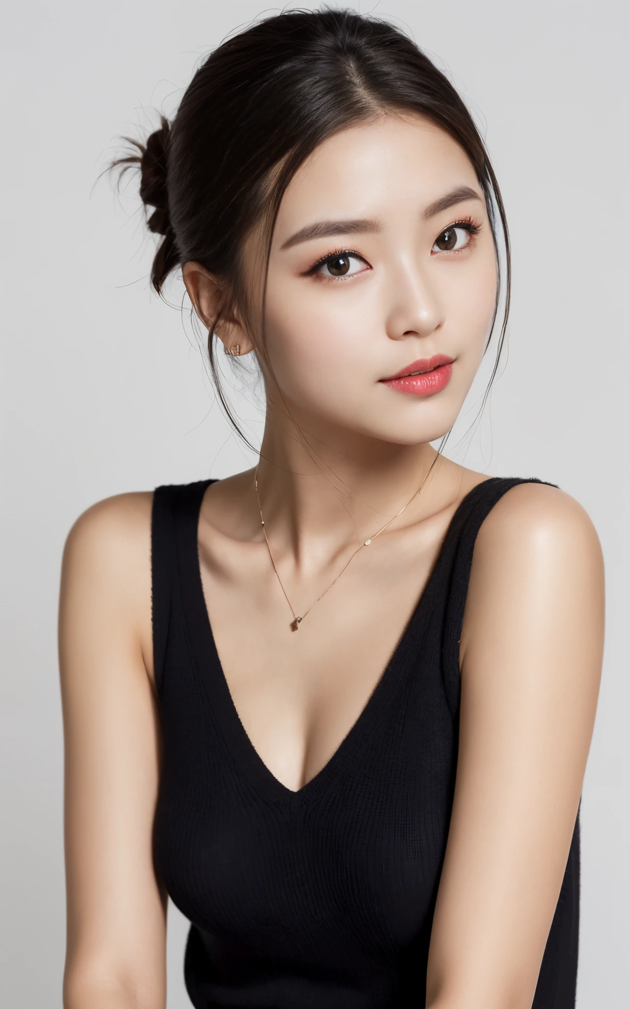 Portrait of a 21 year old solo woman。It is a beautiful woman who is liked by both men and women...、Profession as a beauty counselor with a neat appearance、So that you can convey its appearance。(Her hair is long and beautiful chignon、Feminine style stands out。:1.2)Makeup is unified、Overall sophisticated image。(Close-up from chest up、The direction of the body is frontal, The gaze is a pleasure。The expression is warm、She has a soft smile in her eyes。:1.1)Wear a dark-colored cotton sweater。(Posing)White background。High-resolution image quality with a realistic photo touch、a necklace、piercings