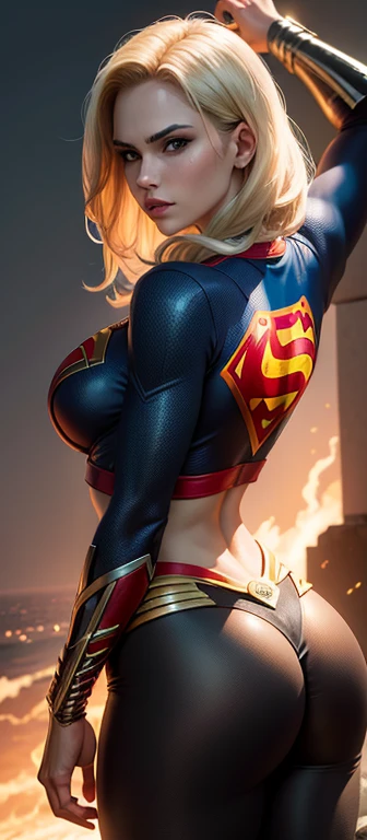 Android 18 como supergirl, crie uma mulher branca, ocidental, cabelos loiro, 21 anos, branca, com cabelos curto loiro, olhos azuis com igamem realistica raw 8k, dentro do carro a noite, se insinuando para a lente, calcinha branca com letra S do superman, volume na calcinha, protuberancia na calcinha, afeminado, transexy, saia curta, prazer, molhada, melada , superman S symbol in the background. view from behind.