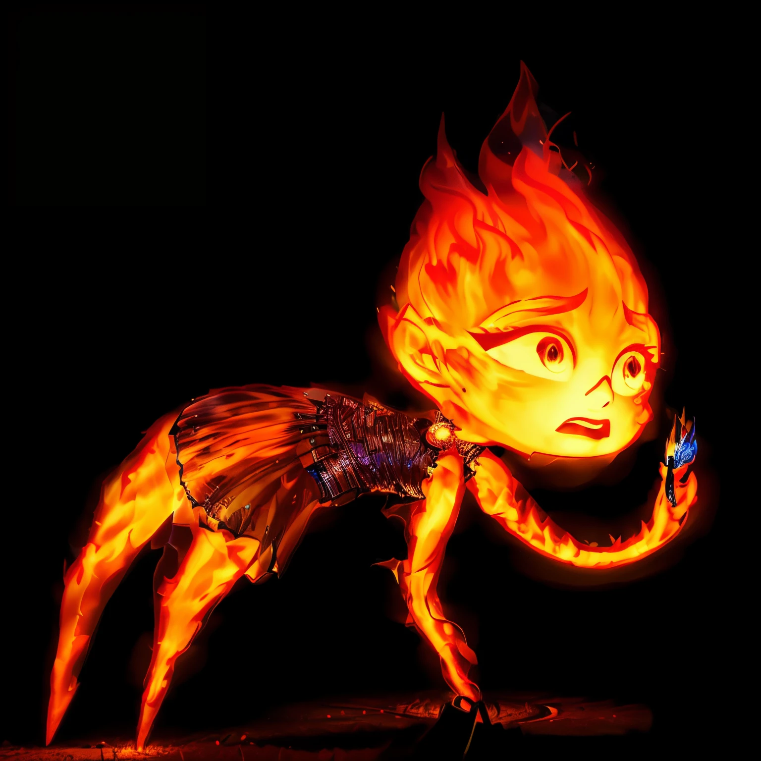 there is a fire breathing creature, appears as the fire goddess, the butterfly goddess of fire, glowing firebugs, dreamworks animated bjork, body made of fire, fire elemental, her hair is made out of fire, burn, her body made of flames, the fire queen, infernal nymph!!!, fireflys