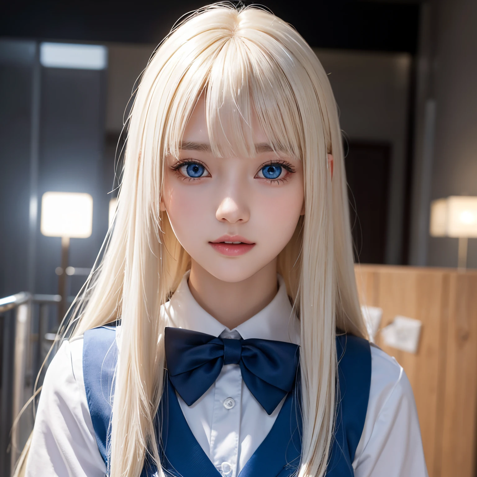 portlate、School Uniforms、bright expression、Young shiny shiny white shiny skin、Best Looks、ultimate beauty girl、The most beautiful platinum blonde hair in the world、shiny light hair,、Super long silky straight hair、Beautiful bangs that shine、Glowing crystal clear attractive blue eyes、Very beautiful nice cute  girl、Lush bust
