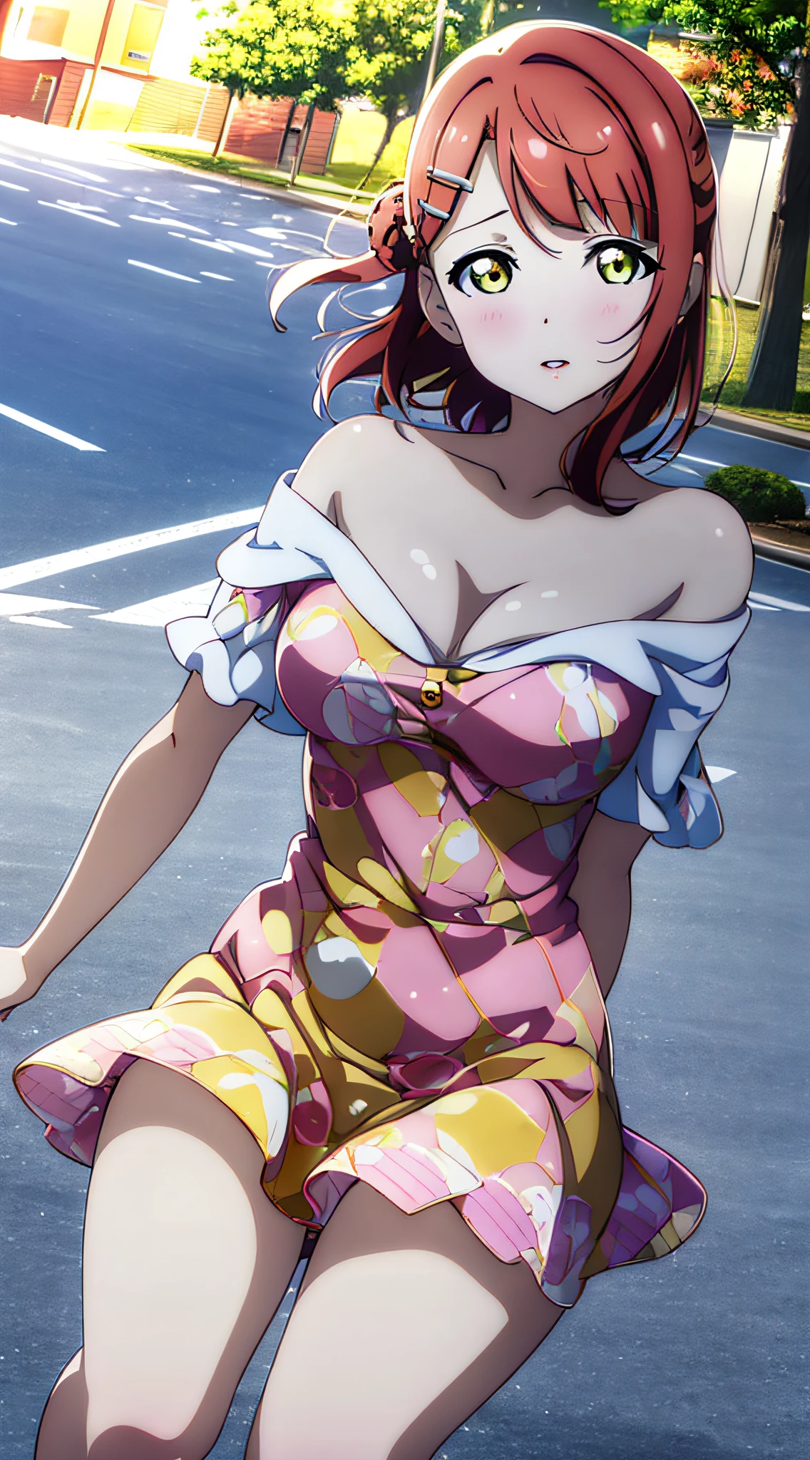 ayumu uehara,Anime-style color grading, bushiroad studio coloring style, yellow eyes, ultra-detailed,(best quality),((masterpiece)),(highres),original,extremely, 1girl, breasts, solo, looking at viewer, cleavage, sky blue dress, thighs, parted lips, white background, off shoulder, ((in front of the house))