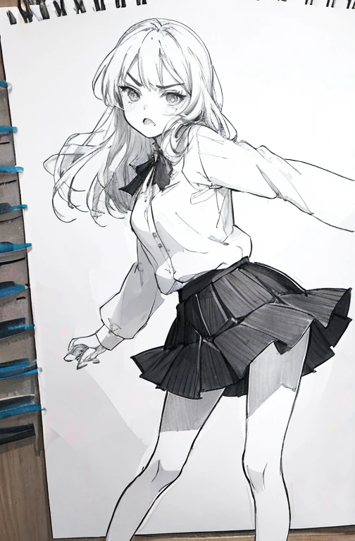 1girl in,line-drawing,monochromes,sketch,Pencil drawing,Traditional Media,1girl in, black skirt fence, long hair shirt, long-sleeve, Skirt, Solo、Cute age woman, ,Beautiful portrait、Delicate body、full body Esbian、Looked、ru、bobhair、shorth hair、Patsun、irate、get angry、angry looking face、terror