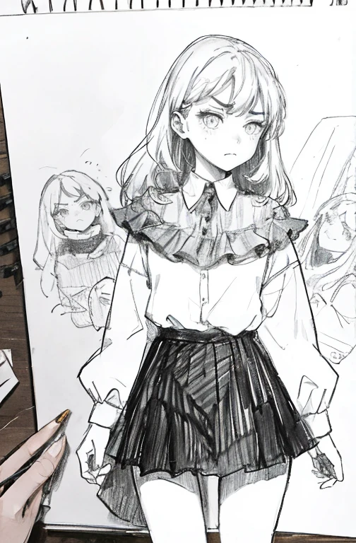 1girl in,line-drawing,monochromes,sketch,Pencil drawing,Traditional Media,1girl in, black skirt fence, long hair shirt, long-sleeve, Skirt, Solo、Cute teenage woman, ,Beautiful portrait、Delicate body、full body Esbian、Looked、ru、bobhair、shorth hair、Patsun、irate、get angry、angry looking face、terror