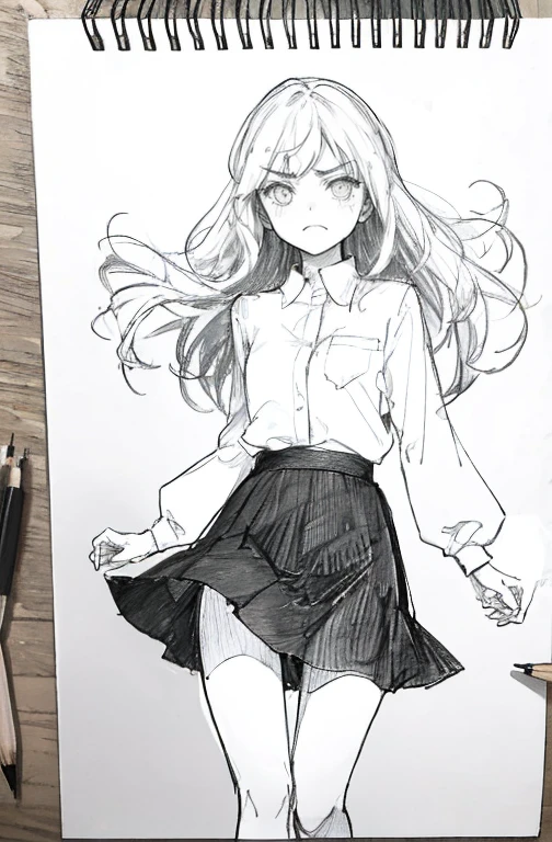 1girl in,line-drawing,monochromes,sketch,Pencil drawing,Traditional Media,1girl in, black skirt fence, long hair shirt, long-sleeve, Skirt, Solo、Cute teenage woman, ,Beautiful portrait、Delicate body、full body Esbian、Looked、ru、bobhair、shorth hair、Patsun、irate、get angry、angry looking face、terror