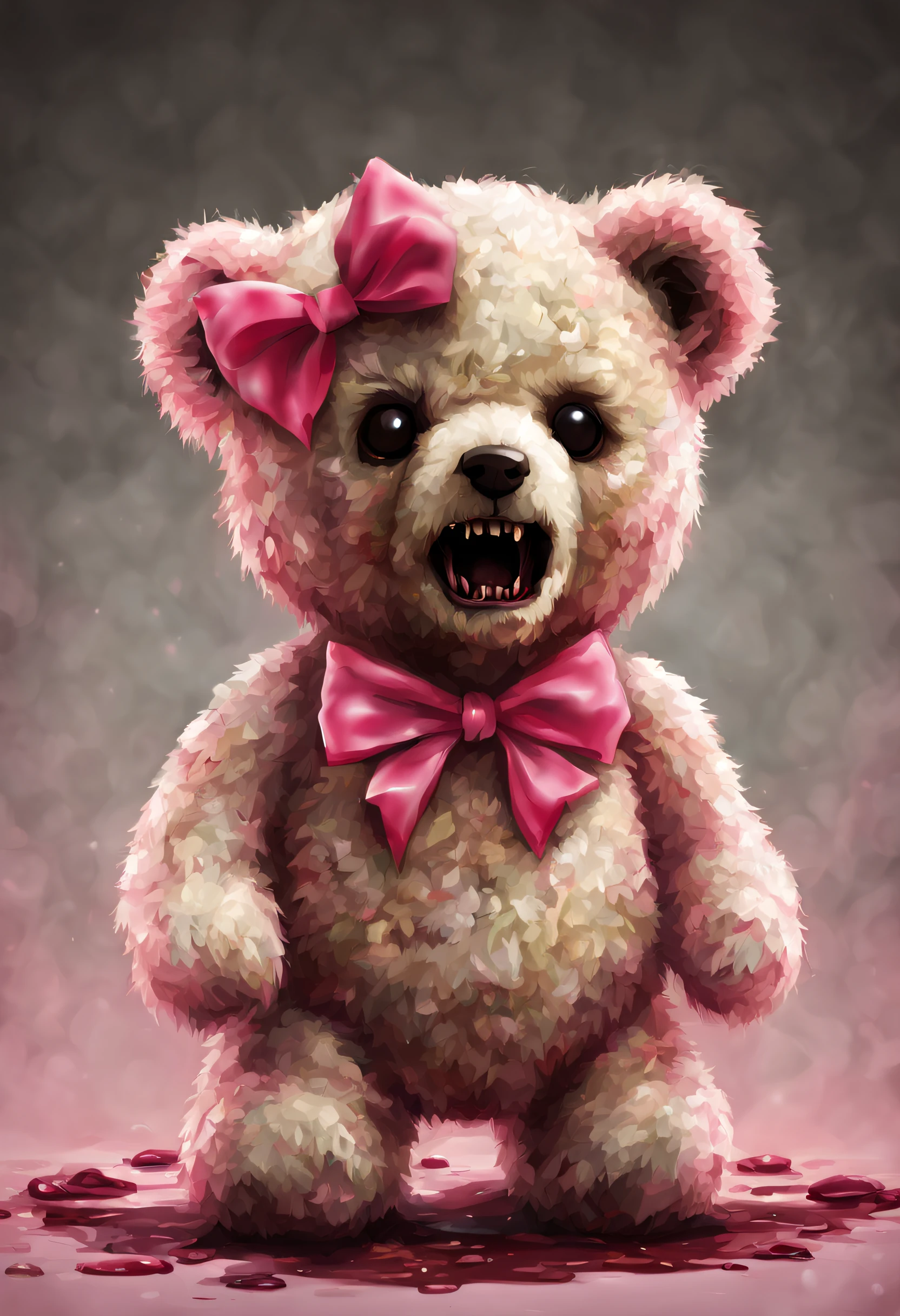An realistic horror zombified teddy bear with cute Little Pink Bow