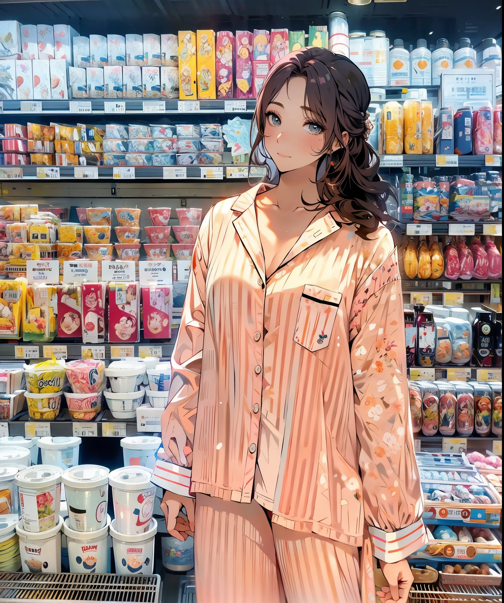 woman in pink pajamas standing in front of a store shelf, wearing pajamas, sleepwear, silk, satin, p. j. n, pink, jia, jinyiwei, good night, lifestyle, exclusive, pink clothes, 2 0 2 0 fashion, 🤬 🤮 💕 🎀, 🔞🤡, good morning, lulu chen, joy ang, gemma chen, anime style , anime