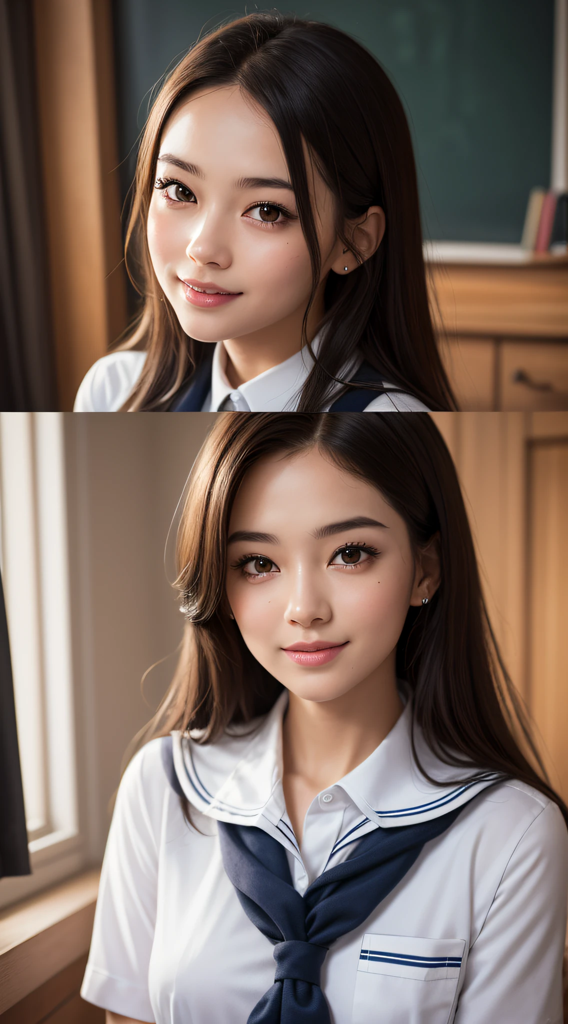 1girl in, Extremely cute, Amazing face and eyes, (Beautiful lovely smile), (extremely detailed beautiful face), bright and shiny lips,  Keep staring at me, Super beautiful, (School uniform:1.3), (Best Quality:1.4), (hyper quality), (Ultra-detailed), (Hyper-realistic, Photorealsitic:1.37), Authentic skin texture, Highly detailed CG integrated 8k wallpapers, RAW Photos, professional photograpy, Cinematic lighting,