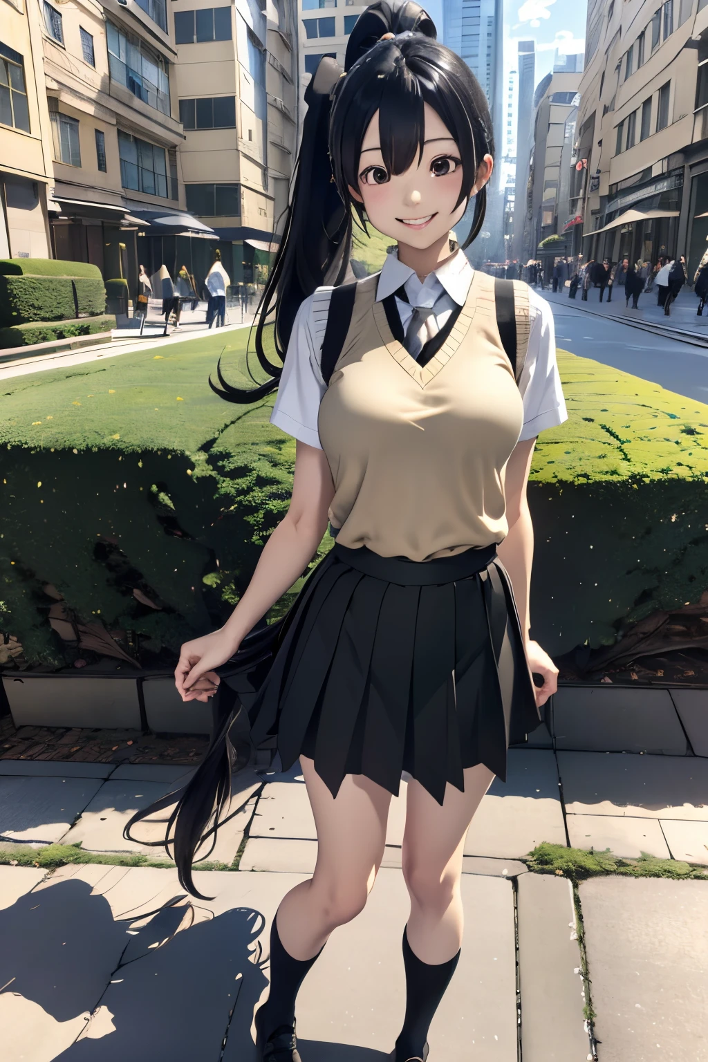 masutepiece, Best Quality, city, day, Standing, Full body, Smile, Viewer to display riop3, Long hair, Ponytail, Black hair, Sweater Vest, Skirt, Short sleeves, Black eyes