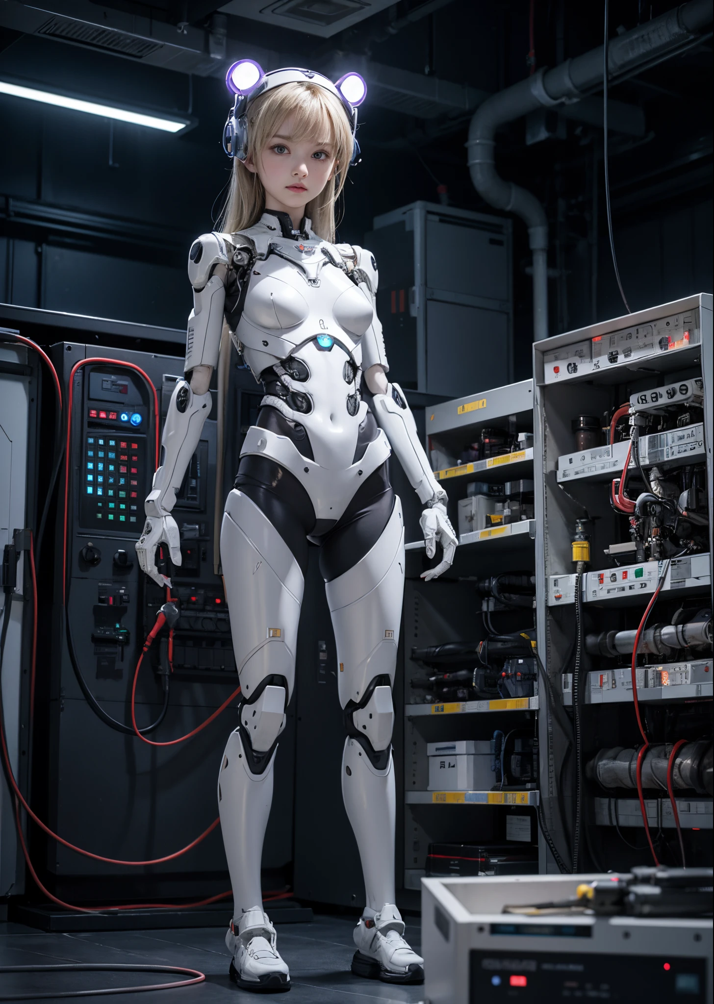 girl with robot body、（1girl in）、sixteen years old、Titanium alloy skeleton、A body made of small control motors, cylinders and pipes、Smooth abs、mideum breasts、Many cables and tubes connect the body to the control panel、电影灯光、numerous pilot lights、The entire area is occupied by a control panel、