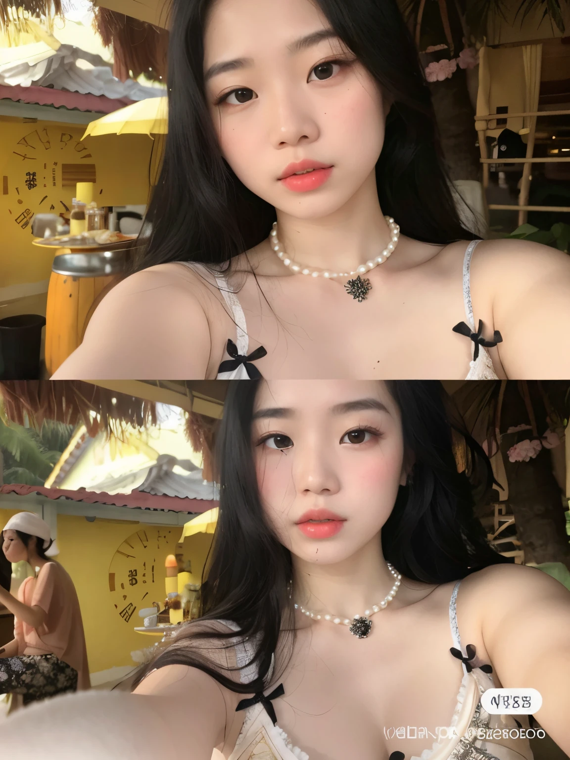 a close-up of a woman wearing a white dress and a pearl necklace, young cute wan asian face, linda Delphine, pale fair skin!!, Aesthetics of beautiful faces, Ulzzang, Modelo do Instagram, Fotografia selfie 8k, 19-year-old girl, 2 Modelo feminina de 4 anos, cruel korean goth girl, pale porcelain white skin, Beautiful Asian girl