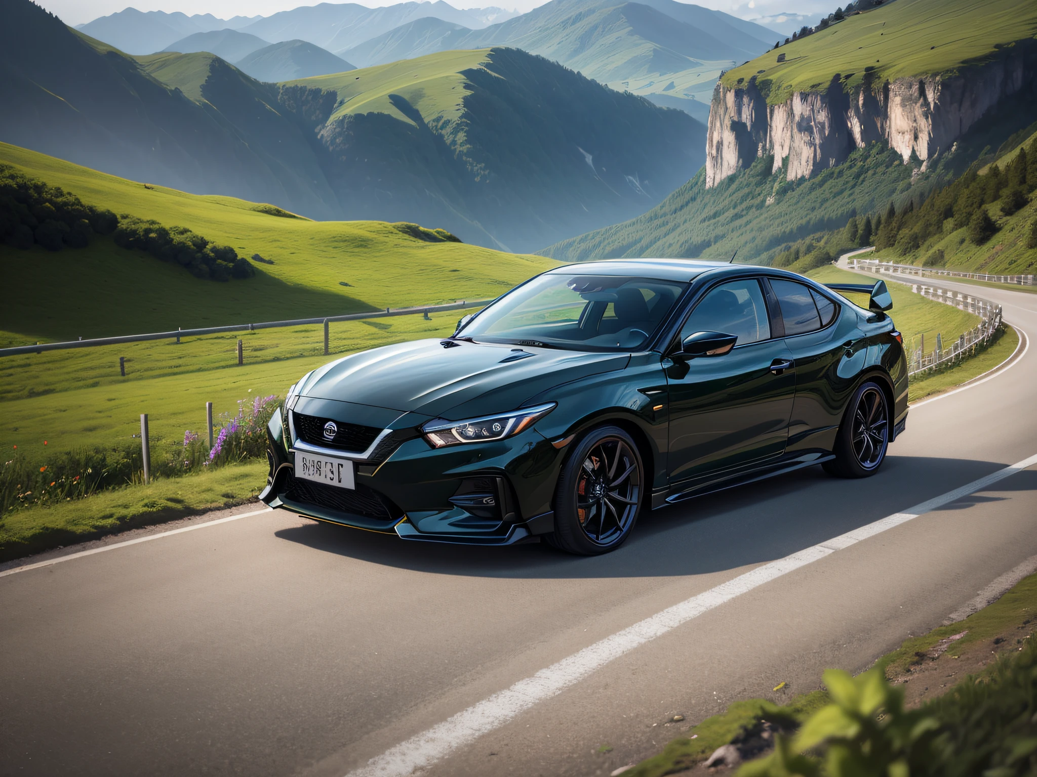 超A high resolution、An ultra-high picture quality、8K、Detailed details、marvelous expression、summer valley、Beautiful fresh greenery、A pitch black sports car runs on a mountain road built along the mountain....、Nissan Bluebird SSS Coupe 2000GTS-R