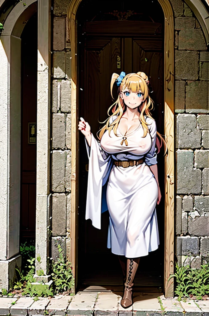 galko,1girl, solo, smile, full body, standing, long skirt, priestess, religious, holy, cute, blush, ,tall female, medieval clothing, white veil, tunic, long skirt,boots, huge brest, curvy,sexy, sensual, volouptouse, thicc