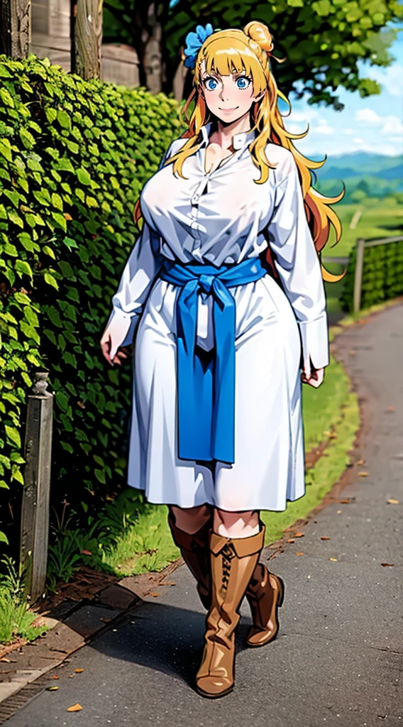 galko,1girl, solo, smile, full body, standing, long skirt, priestess, religious, holy, cute, blush, ,tall female, medieval clothing, white veil, tunic, long skirt,boots, huge brest, curvy,sexy, sensual, volouptouse, thicc, refsheet