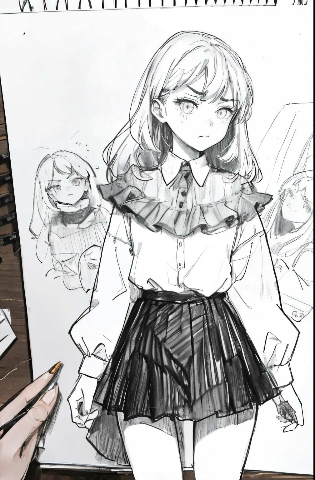 1girl in,line-drawing,monochromes,sketch,Pencil drawing,Traditional Media,1girl in, black skirt fence, long hair shirt, long-sleeve, Skirt, Solo、Cute teenage woman, ,Beautiful portrait、Delicate body、full body Esbian、Looked、ru、bobhair、shorth hair、Patsun、irate、get angry、angry looking face、terror