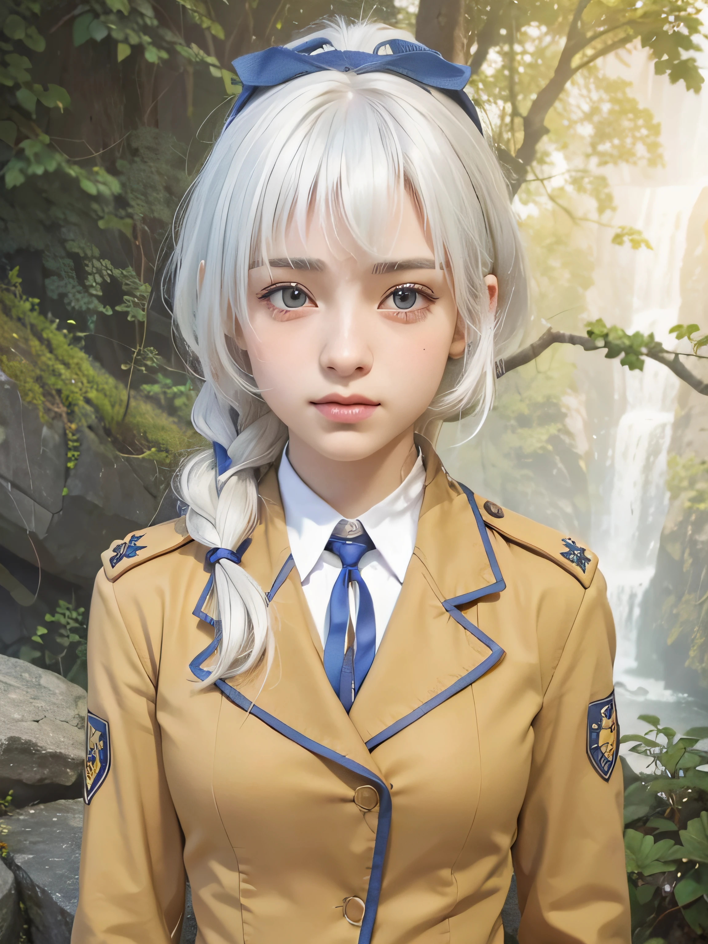masterpiece, best quality, (realistic, photo-realistic:1.4), (RAW photo:1.2), extremely detailed CG unity 8k wallpaper, delicate and beautiful, amazing, finely detail, official art, absurdres, incredibly absurdres, huge filesize, ultra-detailed, extremely detailed, extremely detailed girl, extremely detailed eyes and face, light on face,(:1.7),little smile,(white hair:1.5),military uniform,(blue ribbon:1.4)