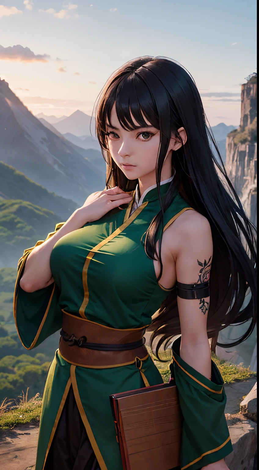 realistic anime style, from the front, Woman, Japanese, 20 years old, long black hair, green eyes, shaolin monk, warrior monk, green open monk clothes, bandages holding up breasts, medium breasts, dragon tattoo, scenery mountain in the background
